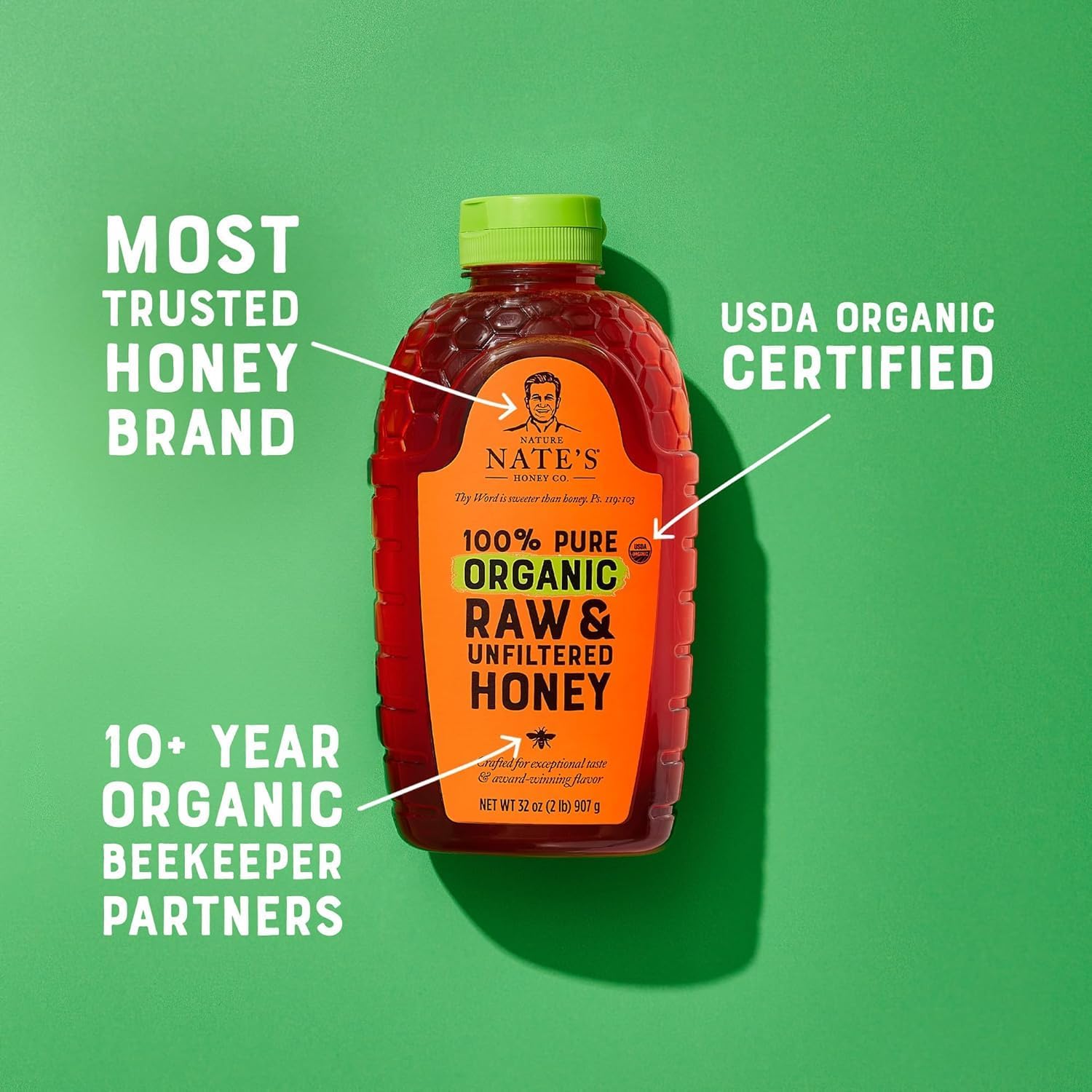 Nate's Organic 100% Pure, Raw & Unfiltered Honey - USDA Certified Organic - 32oz. Squeeze Bottle - Medaid International