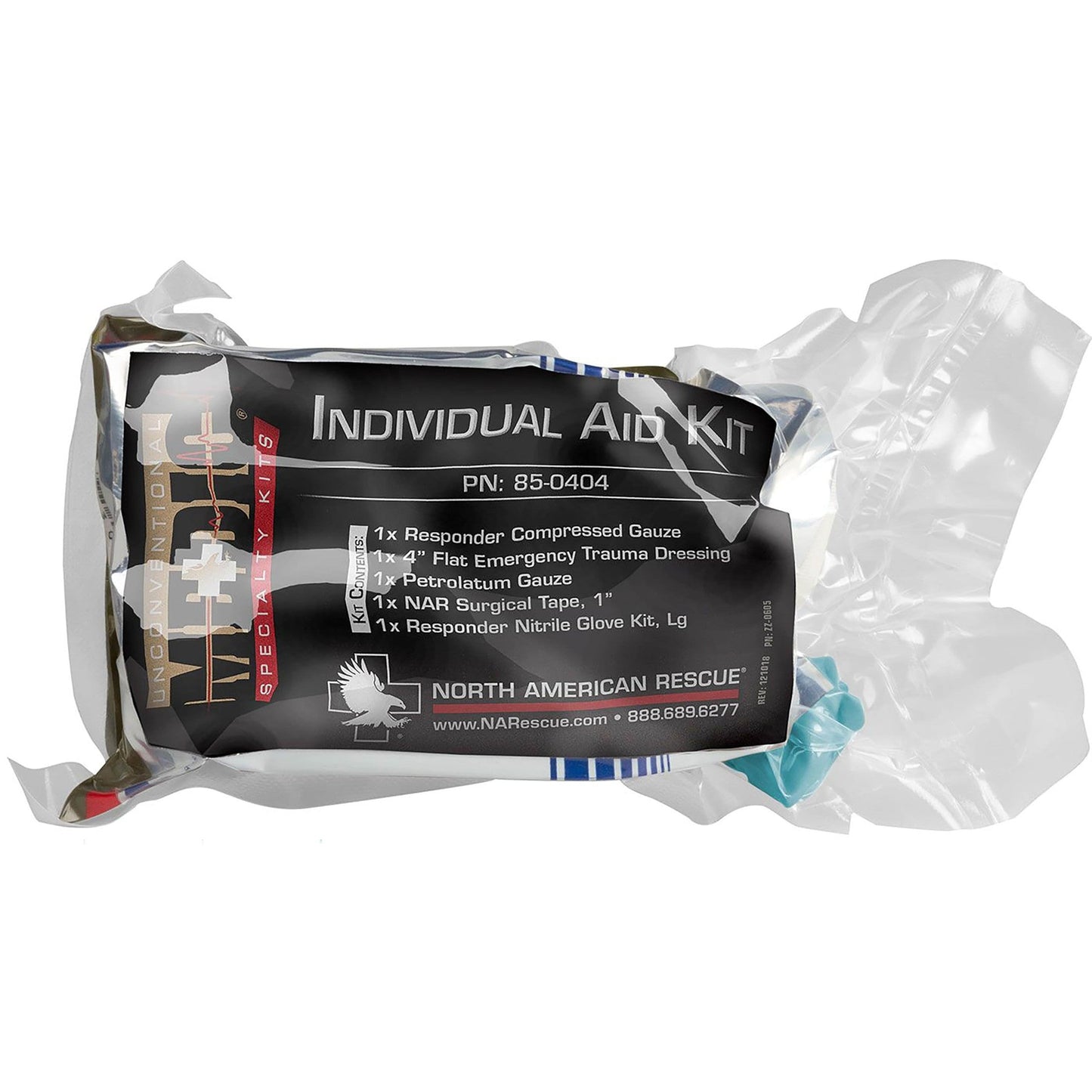 North American Rescue Individual Aid Kit NAR Compact First Aid with Compressed Gauze, Petrolatum Gauze, ETD, Gloves, Surgical Tape (85-0404)