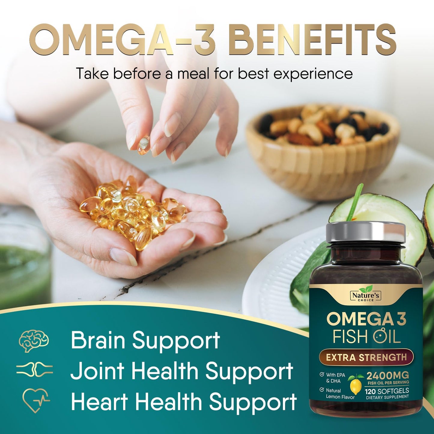 Omega 3 Fish Oil Supplement 2400 mg - Triple Strength EPA & DHA Fish Oil Omega 3, Essential Fatty Acids Supplement Softgels, Brain & Heart Health Support Supplements, Gluten Free Non-GMO, 120 Softgels - Medaid International