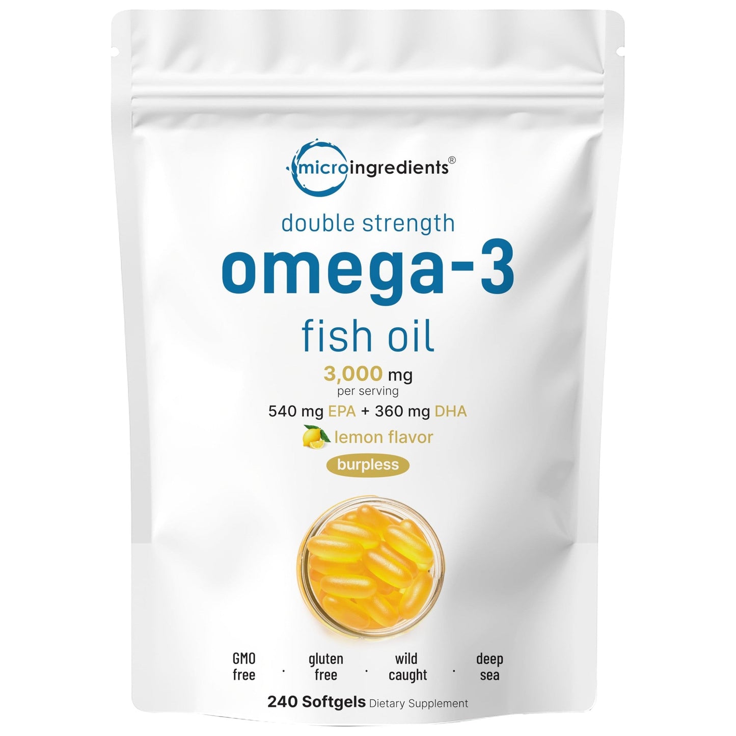 Micro Ingredients Omega 3 Fish Oil Supplements 3,000mg Per Serving, 240 Softgels | Lemon Flavored – Burpless | EPA 540mg + DHA 360mg | Deep Sea Fish - Medaid International