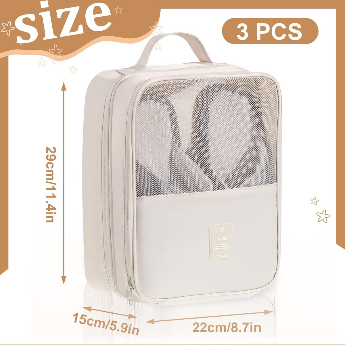 TERRIFI 3-Pack Waterproof Shoe Bags for Travel, Foldable Shoe Storage Pouch Organizer, Holds 3 Pairs of Shoes, Perfect for Daily Use, Beige
