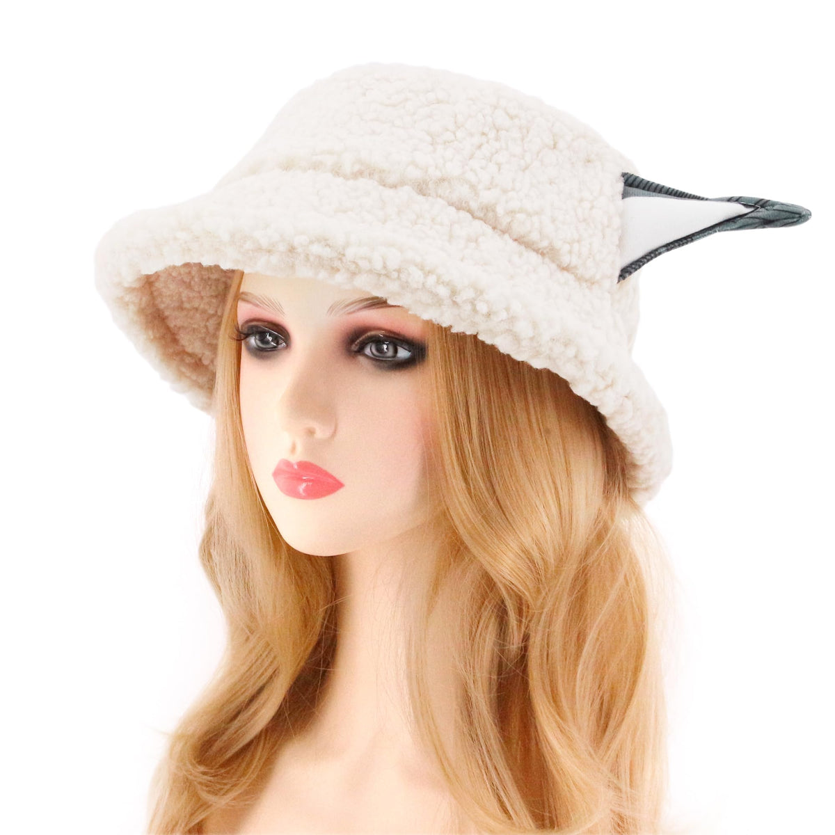 KASTWAVE Fuzzy Sherpa Bucket Hat for Men & Women, Funny Fish Design Teddy Style Winter Fisherman Cap, Warm & Cozy, Adjustable, White (Size M: 56-58cm)
