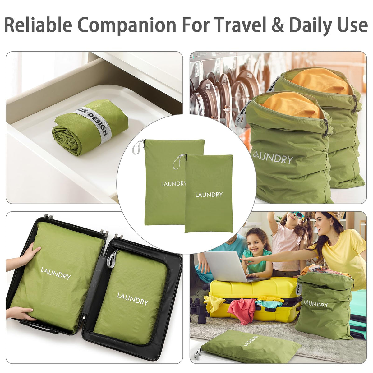 2 Pack Laundry Bags, KASTWAVE Travel Laundry Bag for Dirty Clothes, Wet Bag for Swimwear, Yoga, Workout & Bathing Suits, Waterproof Storage Bags (Green)