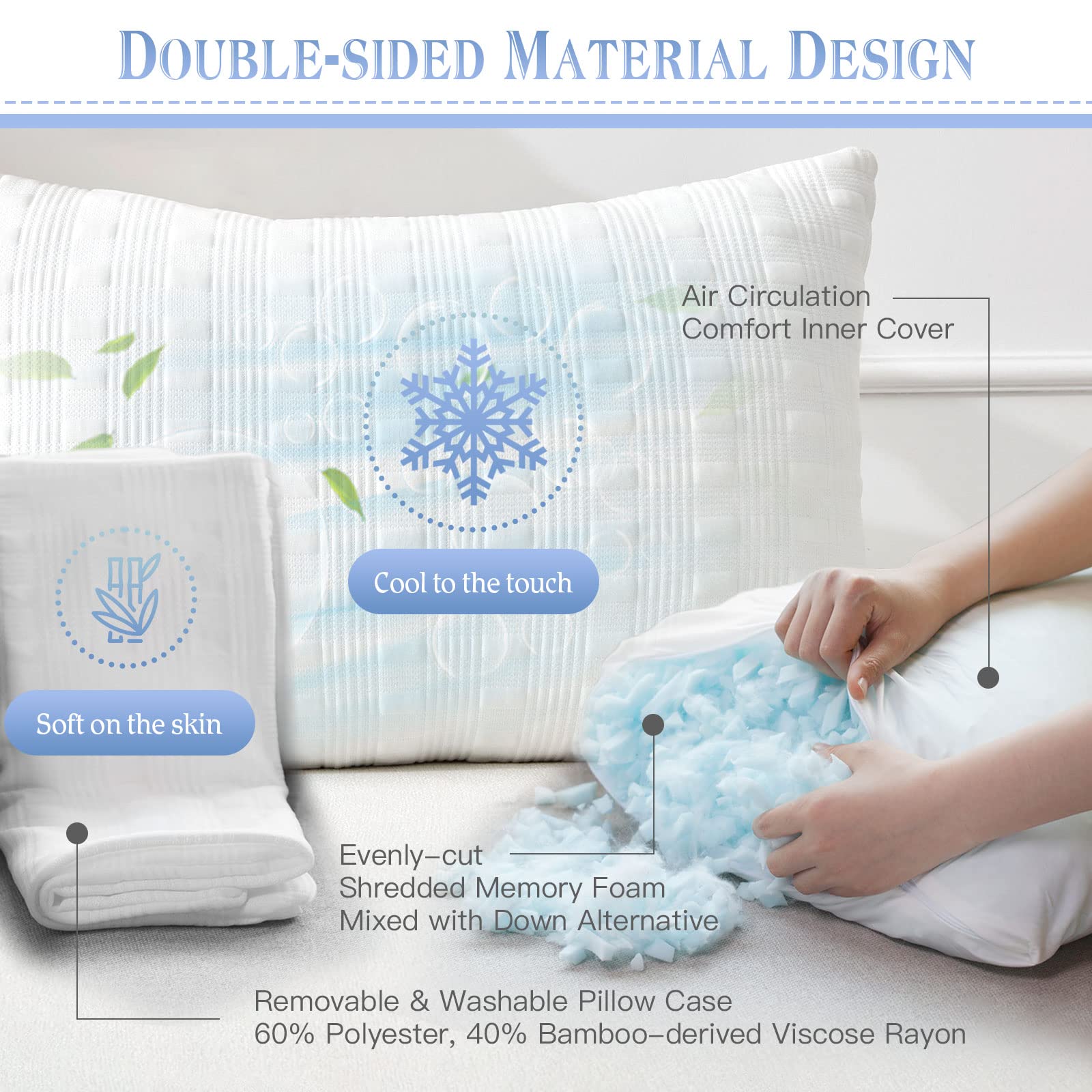 Meoflaw Cooling Pillows for Sleeping Queen Size Set of 2,Shredded Memory Foam Bed Pillow with Pillow Case-Double Sided Material,Adjustable Loft Queen Pillow for Side & Back Sleeper-Medium Firm - Medaid International