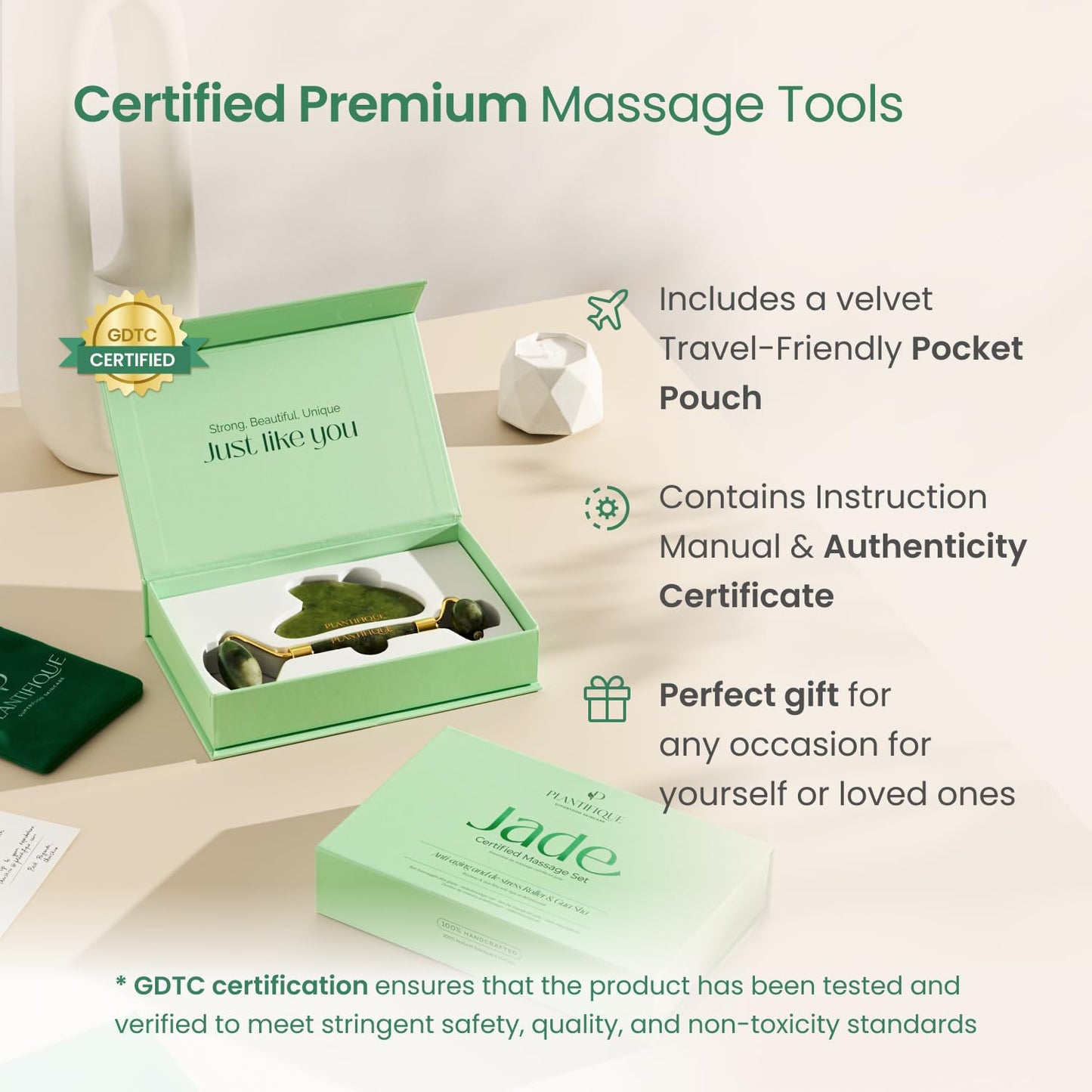 PLANTIFIQUE Jade Roller & Gua Sha Set – Real Jade Facial Tools for Skin Care Routine – Certified Face Massager for Radiant Skin - Medaid International