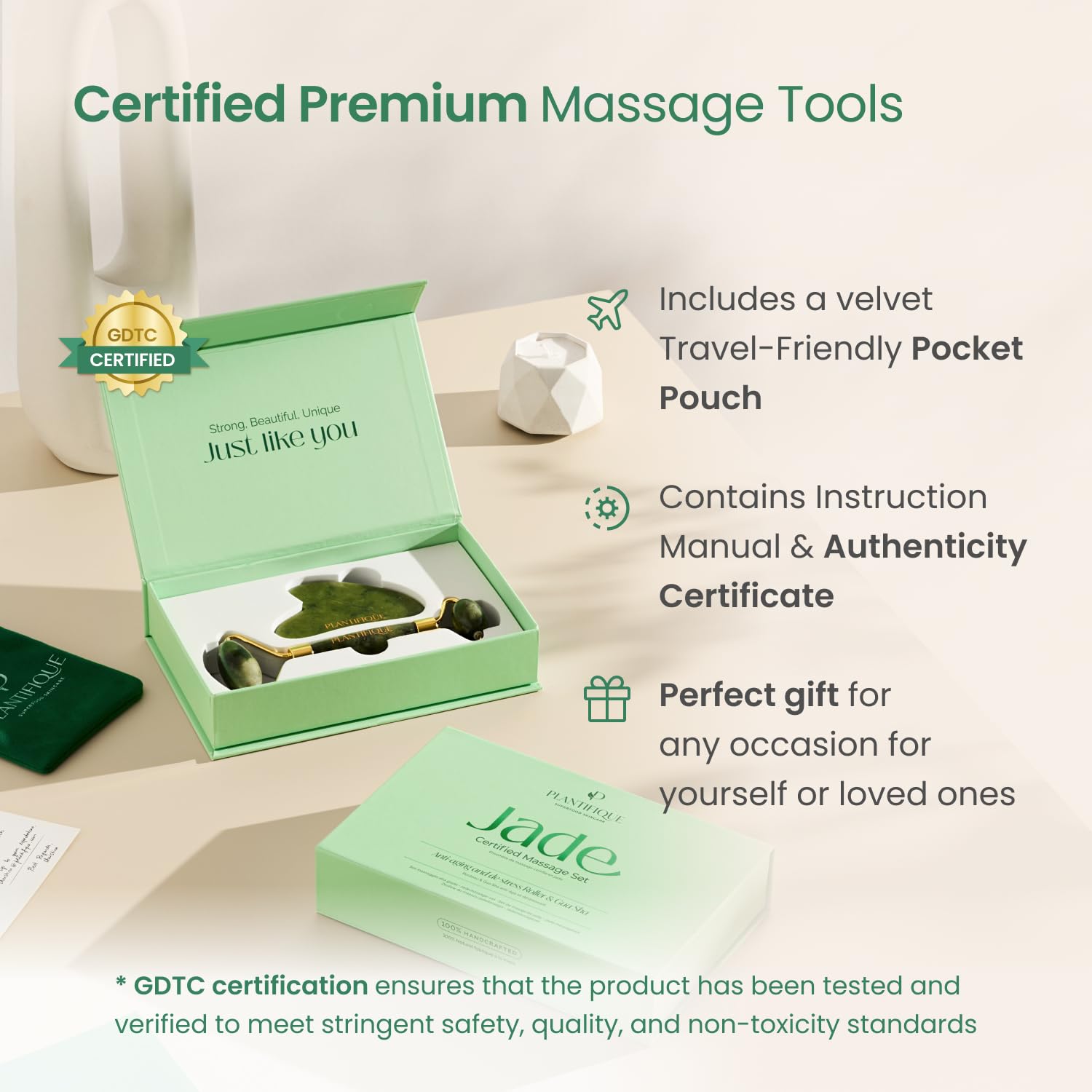PLANTIFIQUE Jade Roller & Gua Sha Set – Real Jade Facial Tools for Skin Care Routine – Certified Face Massager for Radiant Skin - Medaid International