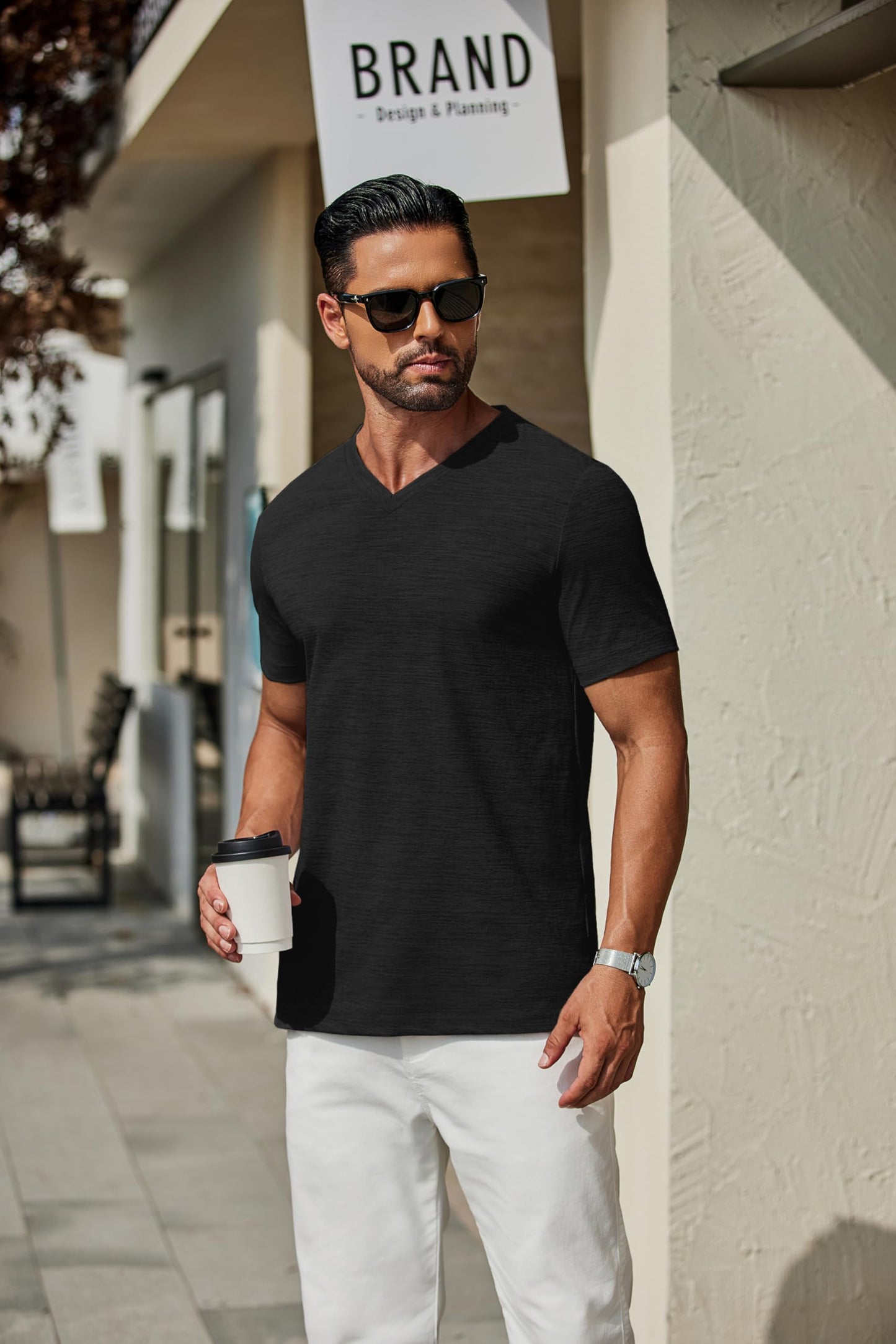 COOFANDY Men's T Shirts Short Sleeve Classic V Neck T-Shirt Casual Summer Basic Tee Shirt Black - Medaid International