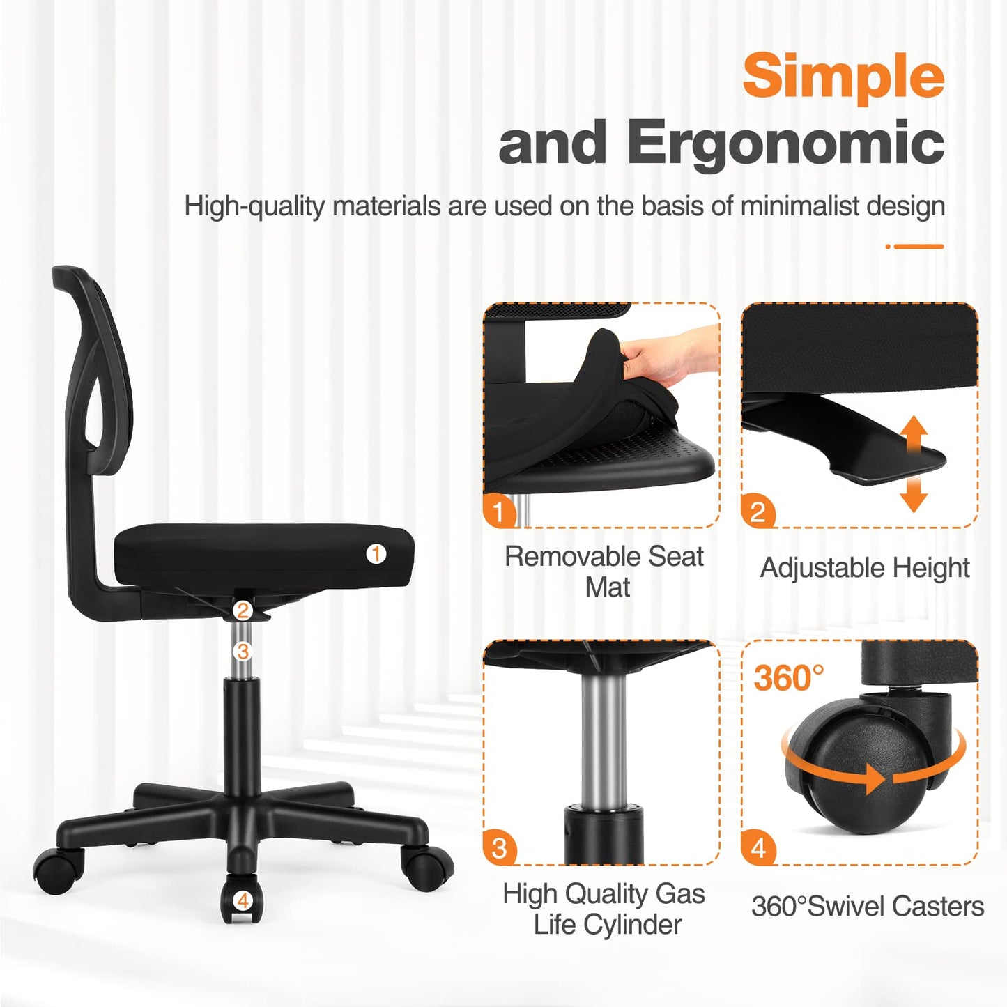 Sweetcrispy Office Computer Desk Chair, Ergonomic Low-Back Mesh Rolling Work Swivel Chairs with Wheels, Armless Comfortable Seat Lumbar Support for Home, Bedroom, Study, Student, Adults, Black - Medaid International