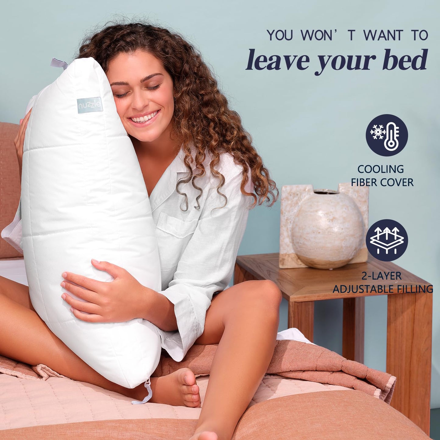 Nuzzle Cooling Adjustable Pillow for Side Sleepers, Luxury Standard Size Set of 2 Bed Pillow Hotel Collection - Best Adjust Height Soft Firm Pillow for Back, Stomach or Side Sleepers - Home Gifts - Medaid International