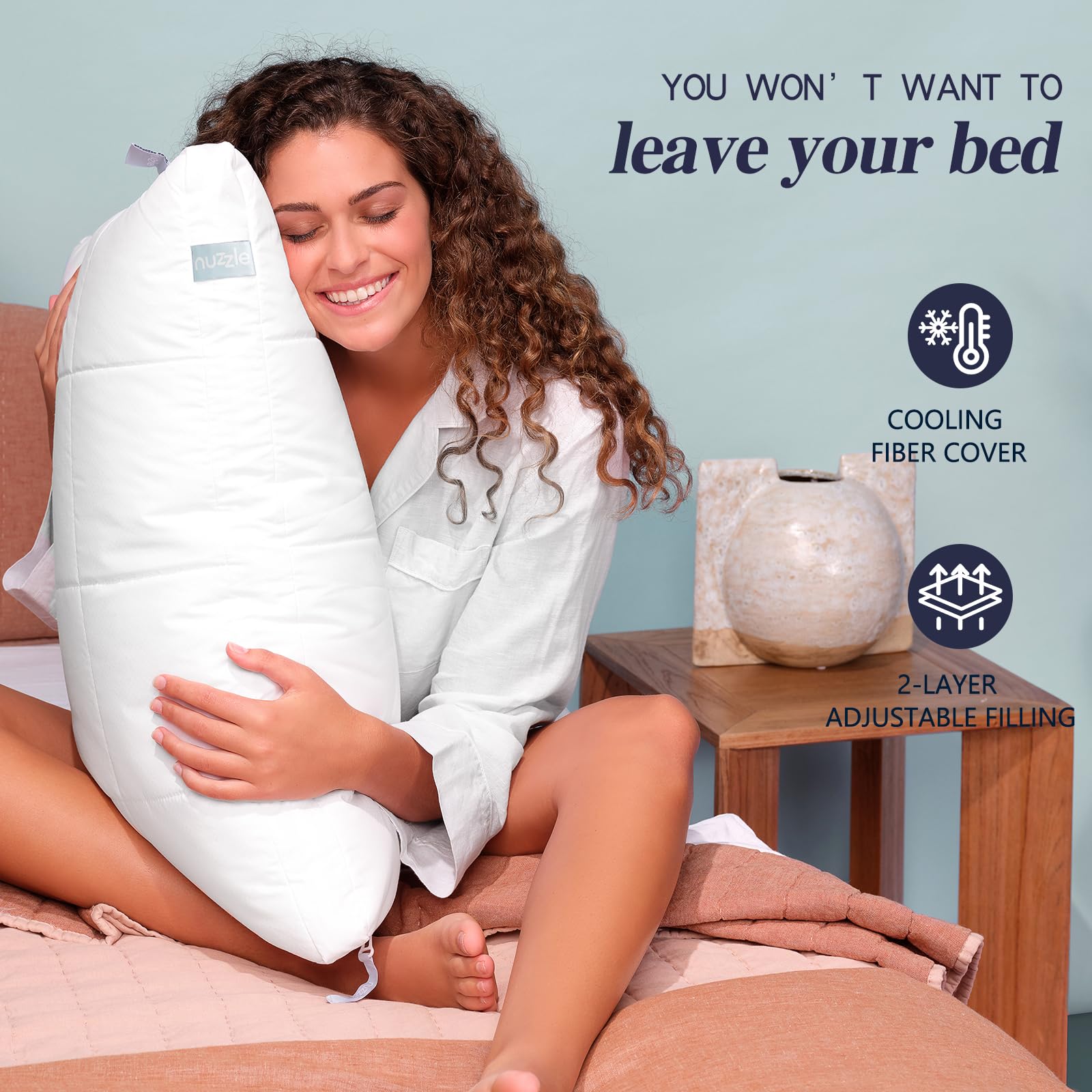 Nuzzle Cooling Adjustable Pillow for Side Sleepers, Luxury Standard Size Set of 2 Bed Pillow Hotel Collection - Best Adjust Height Soft Firm Pillow for Back, Stomach or Side Sleepers - Home Gifts - Medaid International