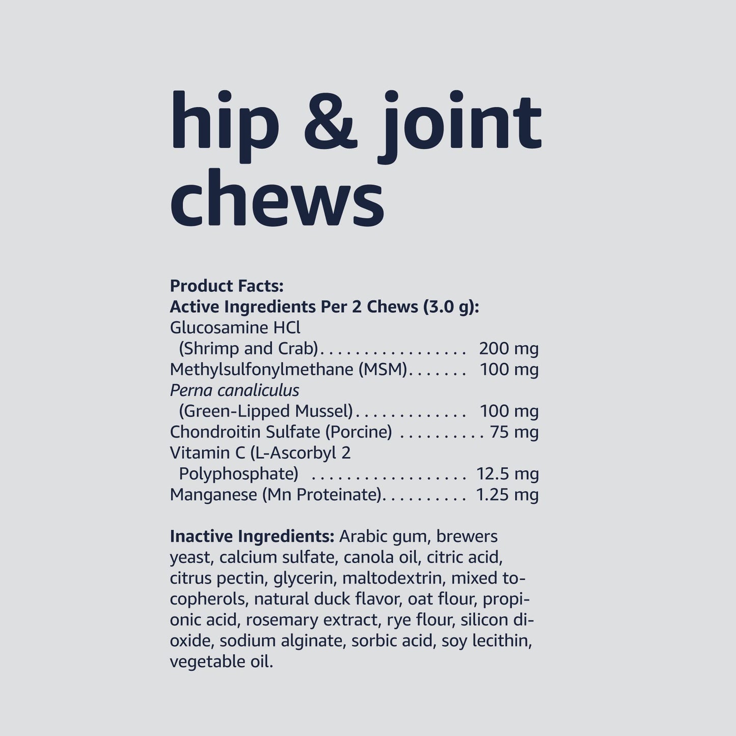 Amazon Basics Dog Hip & Joint Daily Supplement Chews with Glucosamine, MSM, and Vitamin C, Duck Flavored, 120 Count (Previously Solimo)