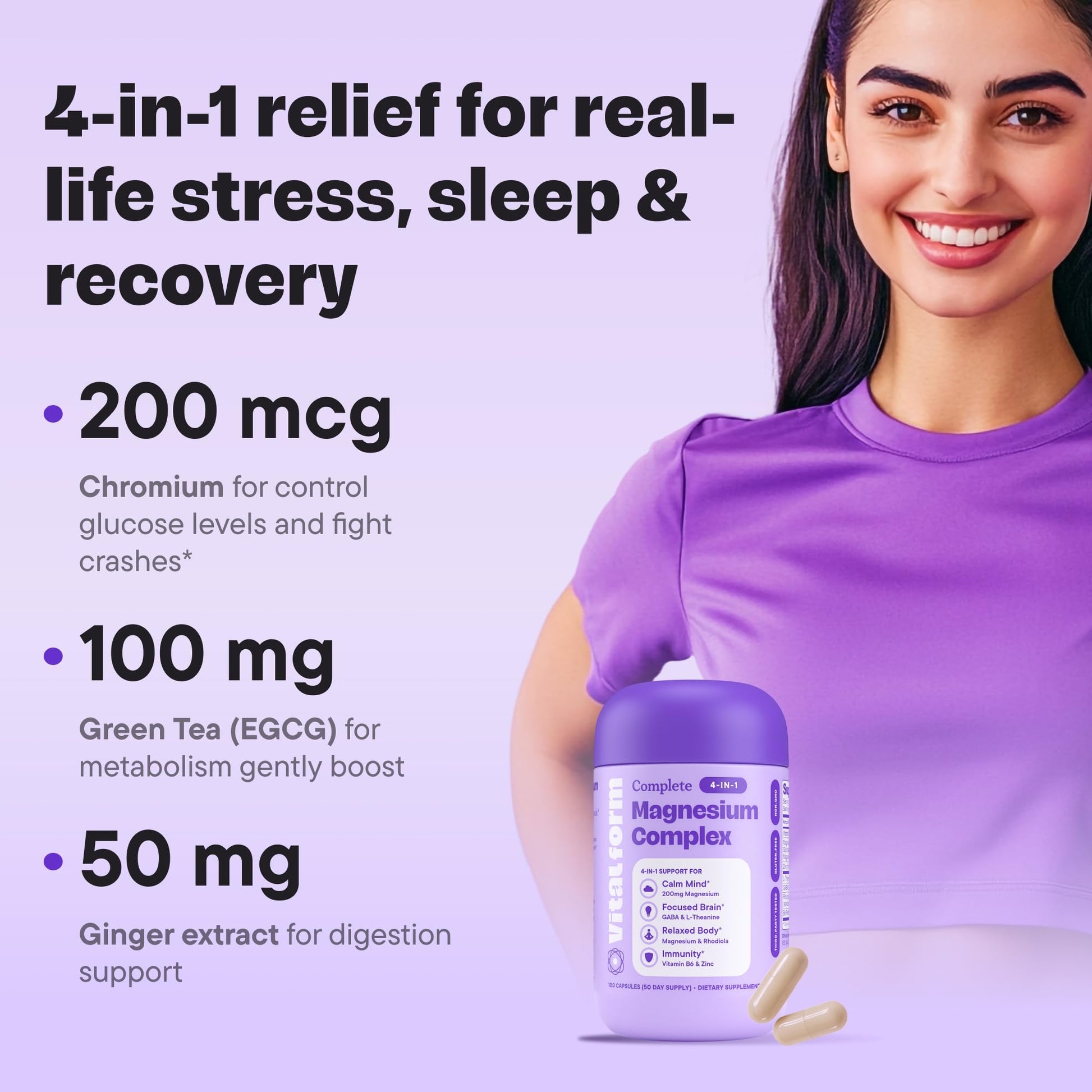VitalForm Magnesium Glycinate – 4-in-1 Stress, Sleep, Mood & Recovery Support with GABA, L-Theanine, Rhodiola, Zinc & B6 – 200mg – 100 Vegan Capsules – Non-GMO - Medaid International