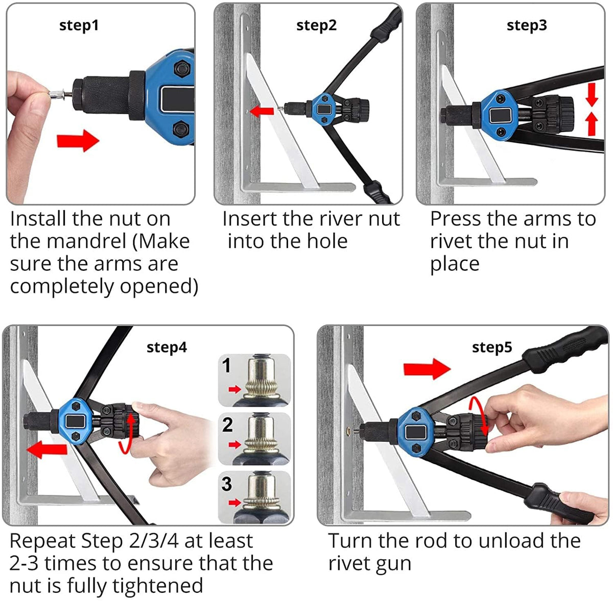 TERRIFI Rivet Nut Gun Tool Kit, 34 cm Hand Riveter with 110pcs Nuts (M3-M12), Includes M3, M4, M5, M6, M8, M10, M12, Pop Rivet Nut Tool Set with Carrying Case