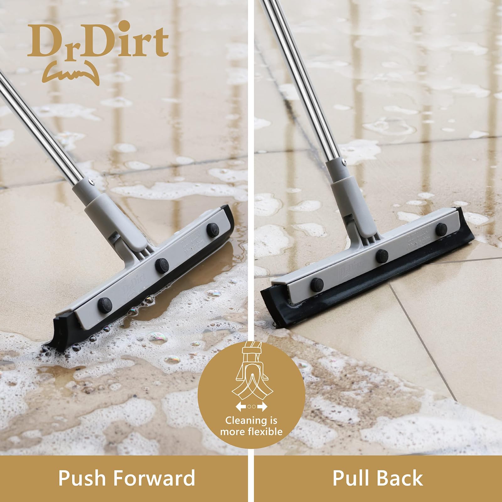 DrDirt Floor Squeegee, 14-Inch Swivel Squeegee Head, Replaceable Foam Rubber Blade, 3-Section Stainless Steel Pole, for Bathroom, Kitchen, Pet Hair, and Carpet - Medaid International