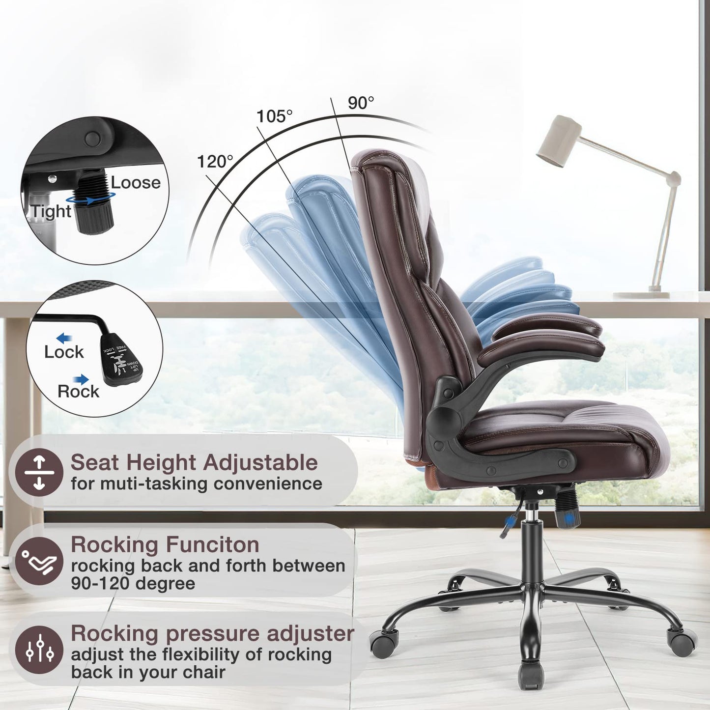 Executive Office Chair – Ergonomic Adjustable Computer Desk Chairs with High Back Flip-up Armrests, Swivel Task Chair with Lumbar Support, Bonded Leather - Medaid International