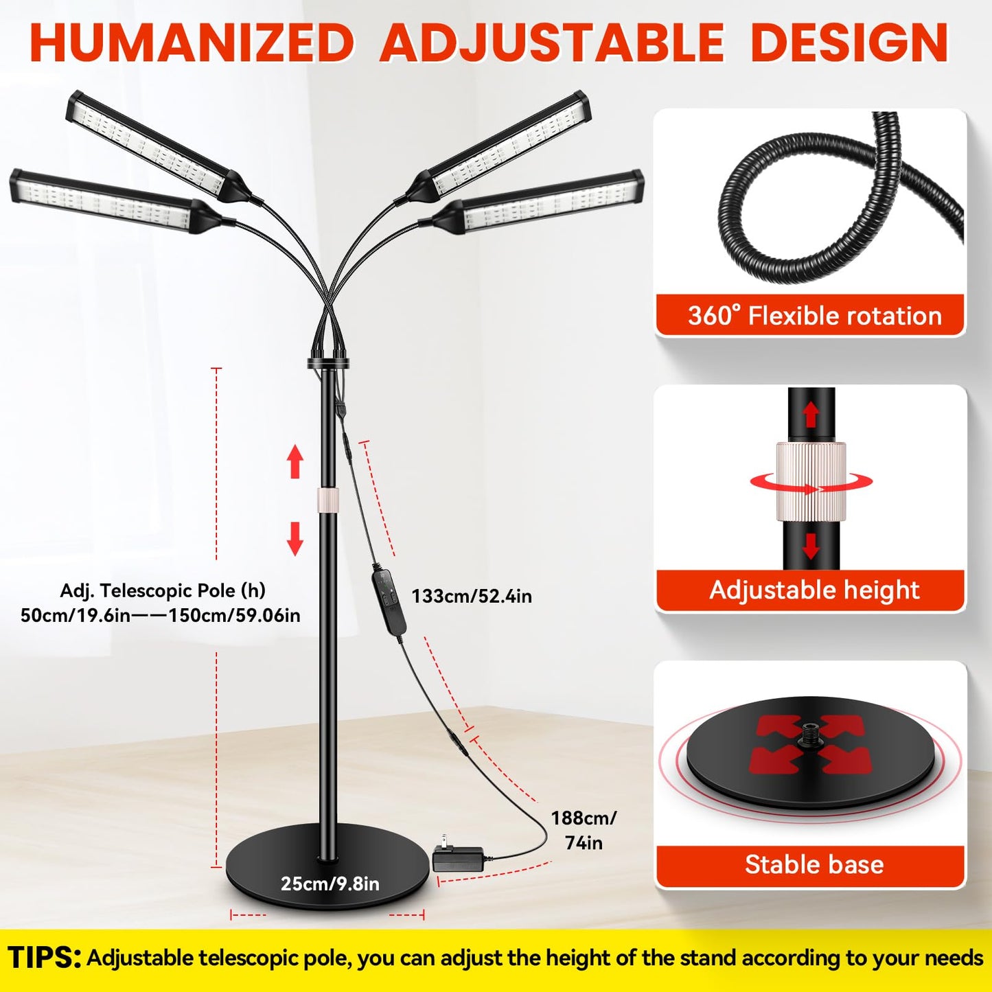 Viconor Red Light Therapy Lamp,4 Head Infrared Light Therapy for Body Device with Adjustable Stand-660nm Red Light＆850nm Near Infrared Light Therapy Device for Face,Body,Pain,Skin at Home - Medaid International