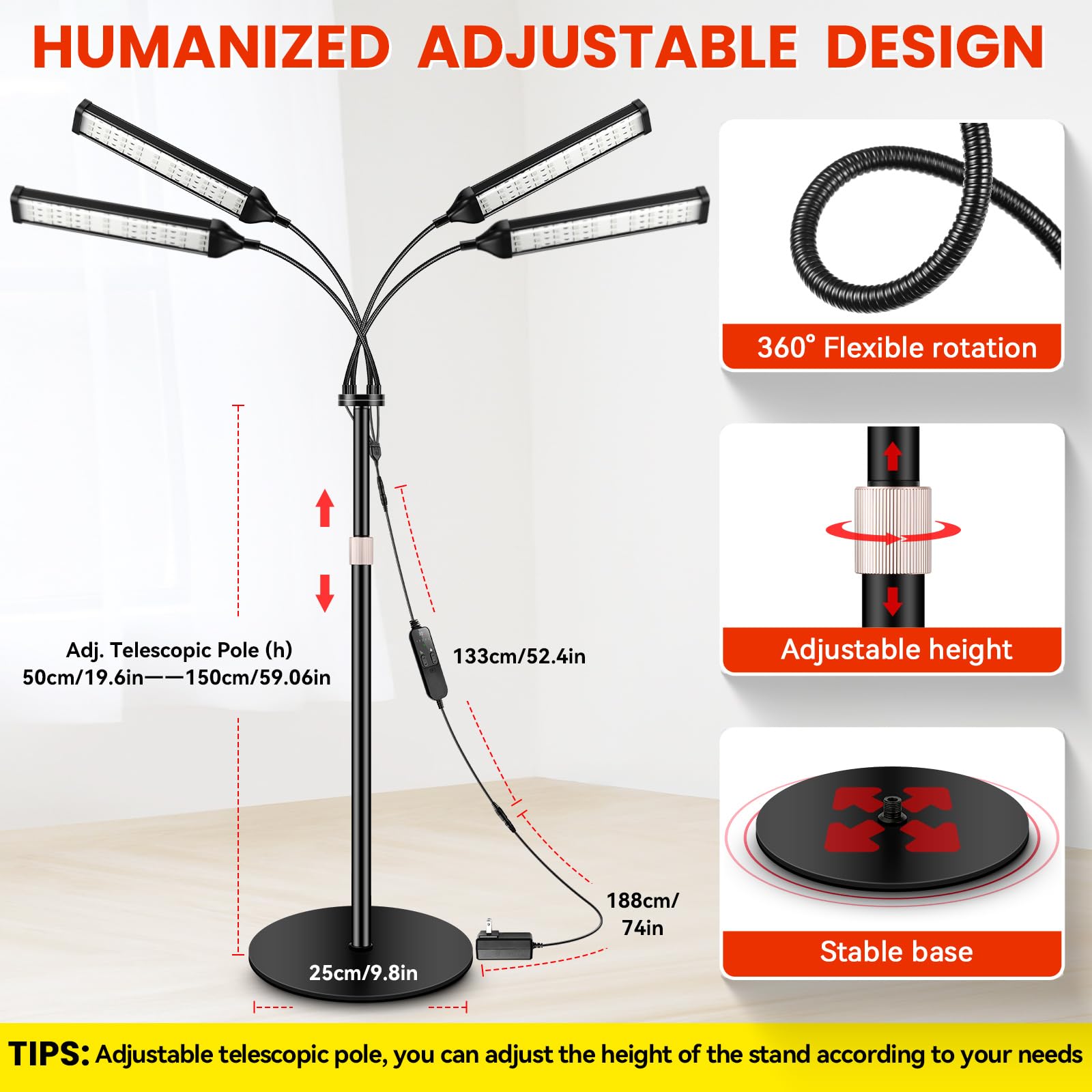 Viconor Red Light Therapy Lamp,4 Head Infrared Light Therapy for Body Device with Adjustable Stand-660nm Red Light＆850nm Near Infrared Light Therapy Device for Face,Body,Pain,Skin at Home - Medaid International