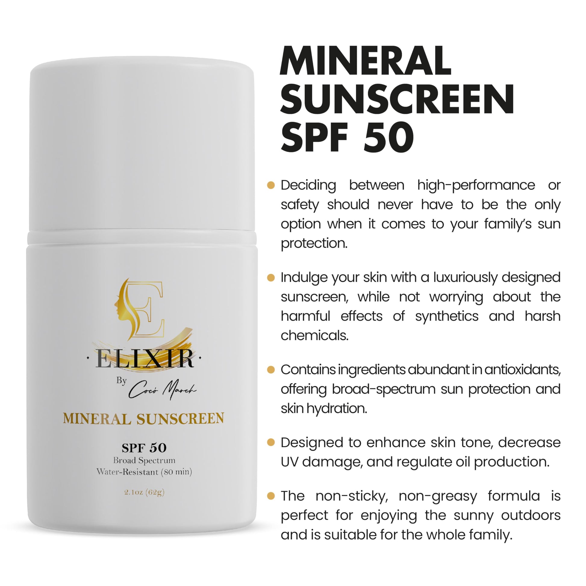 Elixir by Cocó March Broad Spectrum Mineral Sunscreen SPF 50 Sun Protection, Water-Resistant-80 min, Hydrates and Enhances Skin, Adults and Children- 2.1 Oz 59 g - Medaid International