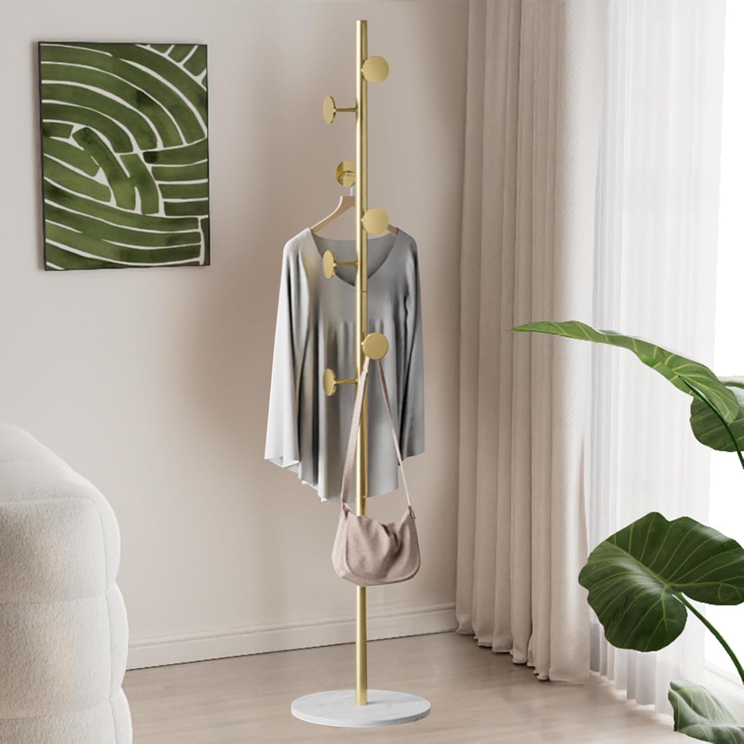DAYONG Free-standing Coat Rack with Hooks, Multifunction Metal Clothes Garment Rack, Stand with Stable Round Base For Clothes,Bags,Hats,Scarves,Backpacks in Bedroom Entryway Hallway Office (Gold) - Medaid International