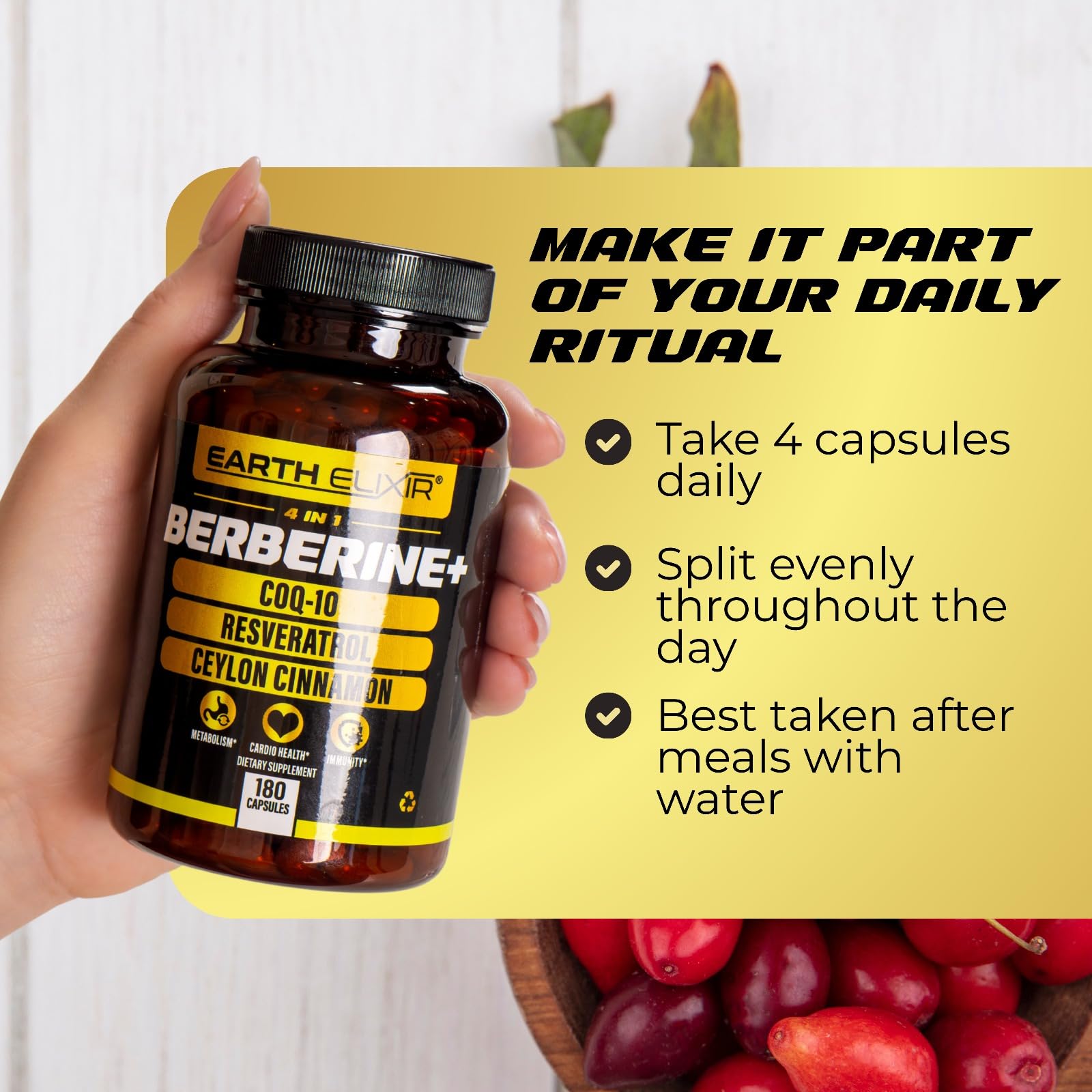 Earth Elixir 4-in-1 Berberine Supplement – Organic Berberine with Ceylon Cinnamon, CoQ10 Ubiquinol, and Resveratrol Powder – Metabolic & Cellular Energy Support, 180 Vegan Capsules - Medaid International