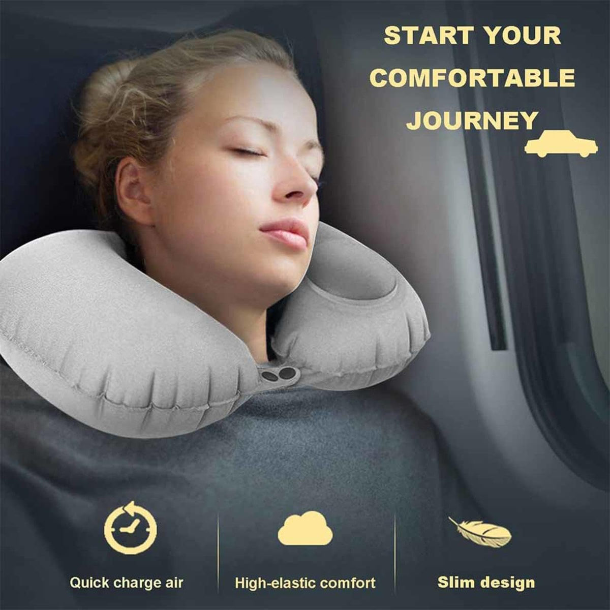 KASTWAVE Neck Support Travel Pillow, Portable Self-Inflatable Travel Pillow, Ultra Comfortable Mulberry Silk Fabric Neck Pillows for Travel, Travel Pillows for Sleeping Airplane, Grey