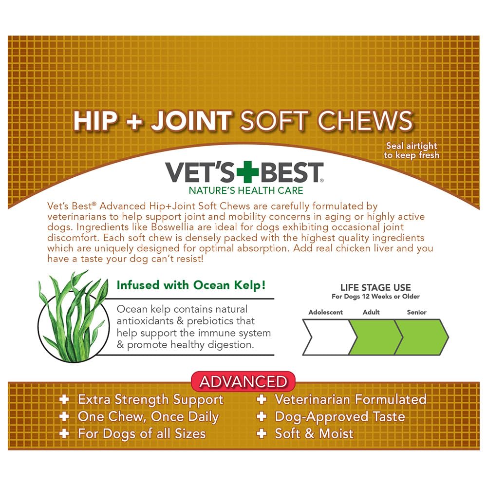 Vet's Best Advanced Hip & Joint Soft Chew Dog Supplements - Formulated with Glucosamine and Chondroitin to Support Dog Joint and Cartilage Health -30 Day Supply