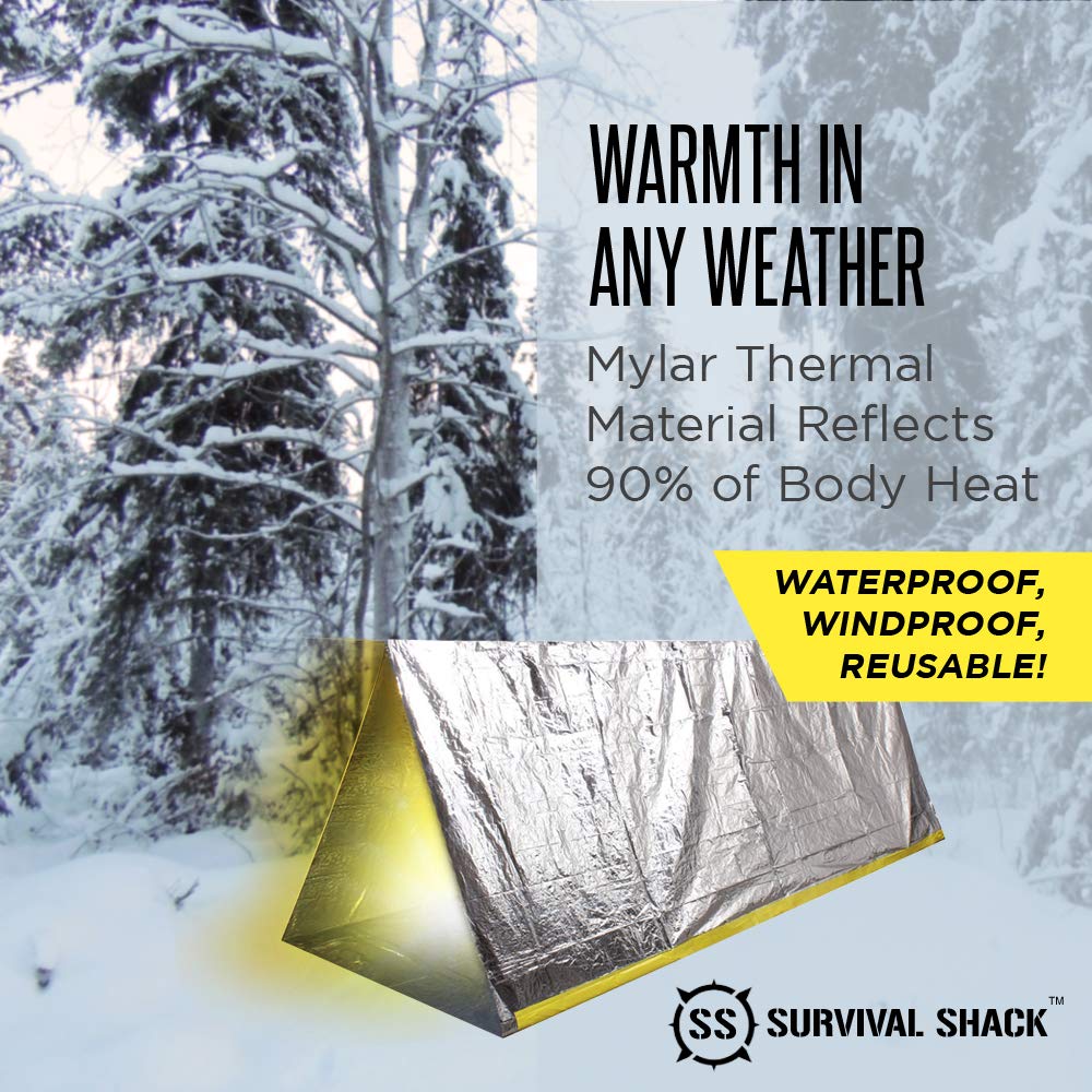 SharpSurvival Shack Emergency Survival Shelter Tent - 2 Person Mylar Tube Tent - Lightweight 8' x 5' All Weather Waterproof Shelter Conserves Heat - Reflective Tents for Camping/Hiking and More