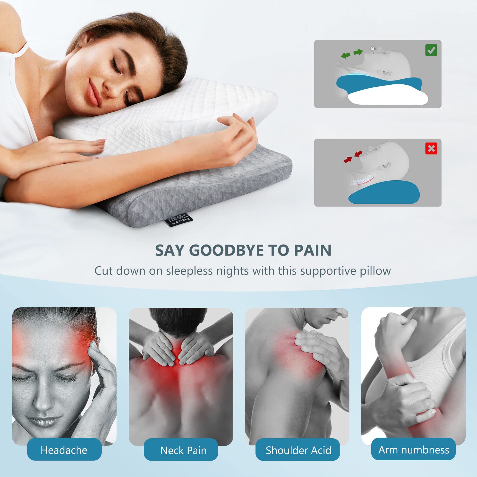 ZAMAT Adjustable Cervical Memory Foam Pillow, Odorless Neck Pillows for Pain Relief, Orthopedic Pillows for Sleeping with Cooling Pillowcase, Ergonomic Support Pillow for Stomach, Back, Side Sleeper - Medaid International