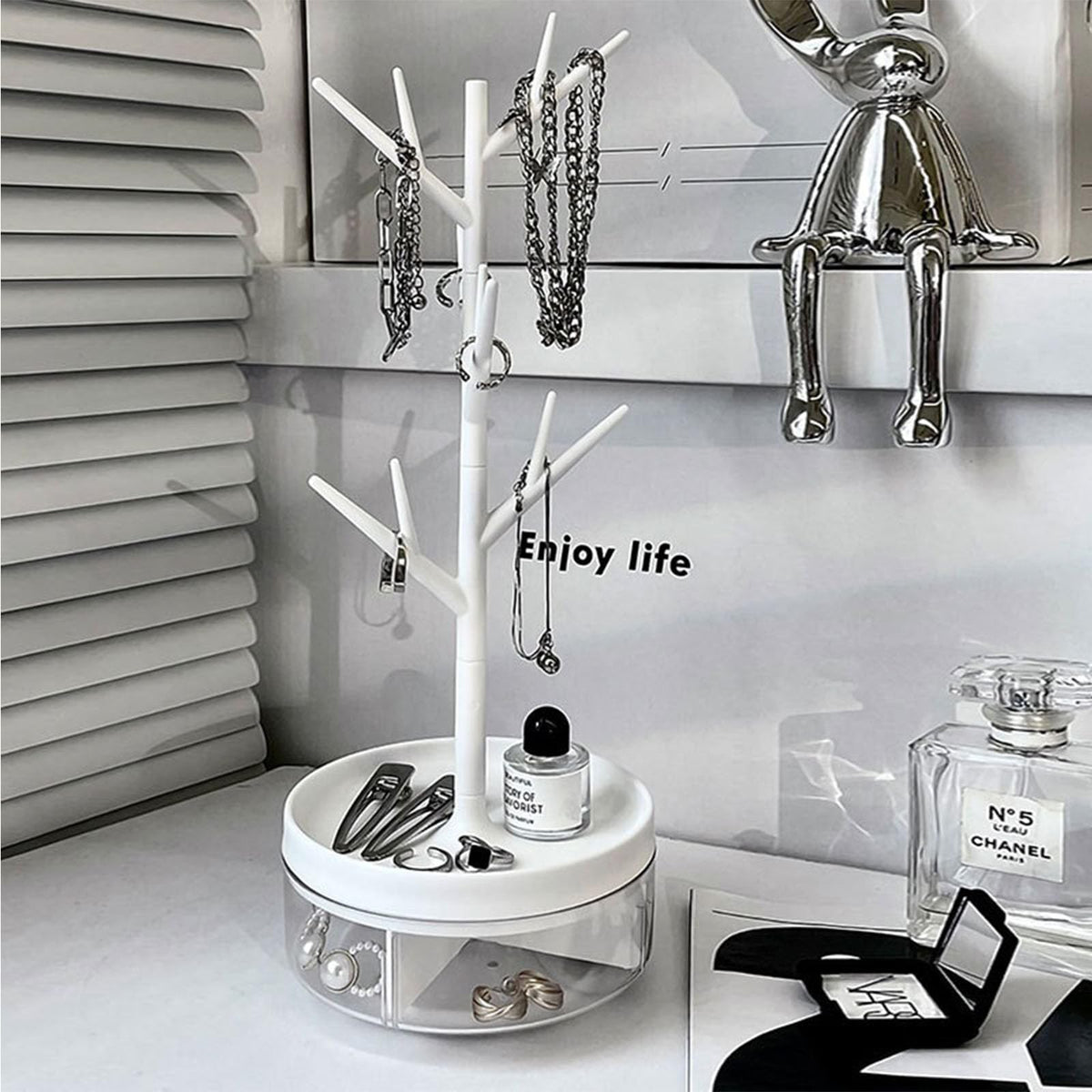 TERRIFI Jewelry Stand, Branch Jewelry Rack With With Rotatable Base and Storage Box, Tree Tower Rack, Hanging Organizer for Ring Earrings Necklace Bracelet Display Stand for Bangles, Watch