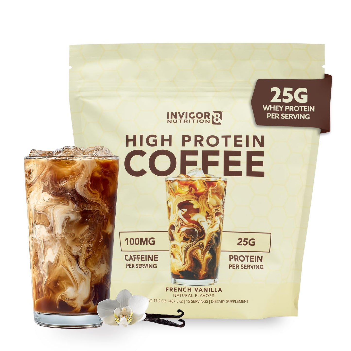 High Protein Coffee Powder 25 Grams Whey Isolate100mg Natural Green Tea Caffeine | 0 Added Sugar Keto Gluten Free 99.9% Lactose Free | Hot or Iced15 Serving 15 Servings (17 OZ, French Vanilla) - Medaid International
