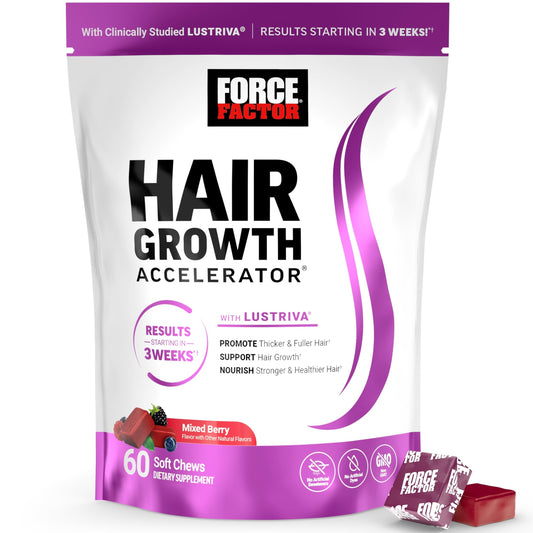 Force Factor Hair Growth Accelerator Soft Chews, Hair Growth Vitamins for Women and Men with Clinically Studied Lustriva and Biotin, Promotes Thicker, Fuller, Stronger Hair, Mixed Berry, 60 Soft Chews - Medaid International