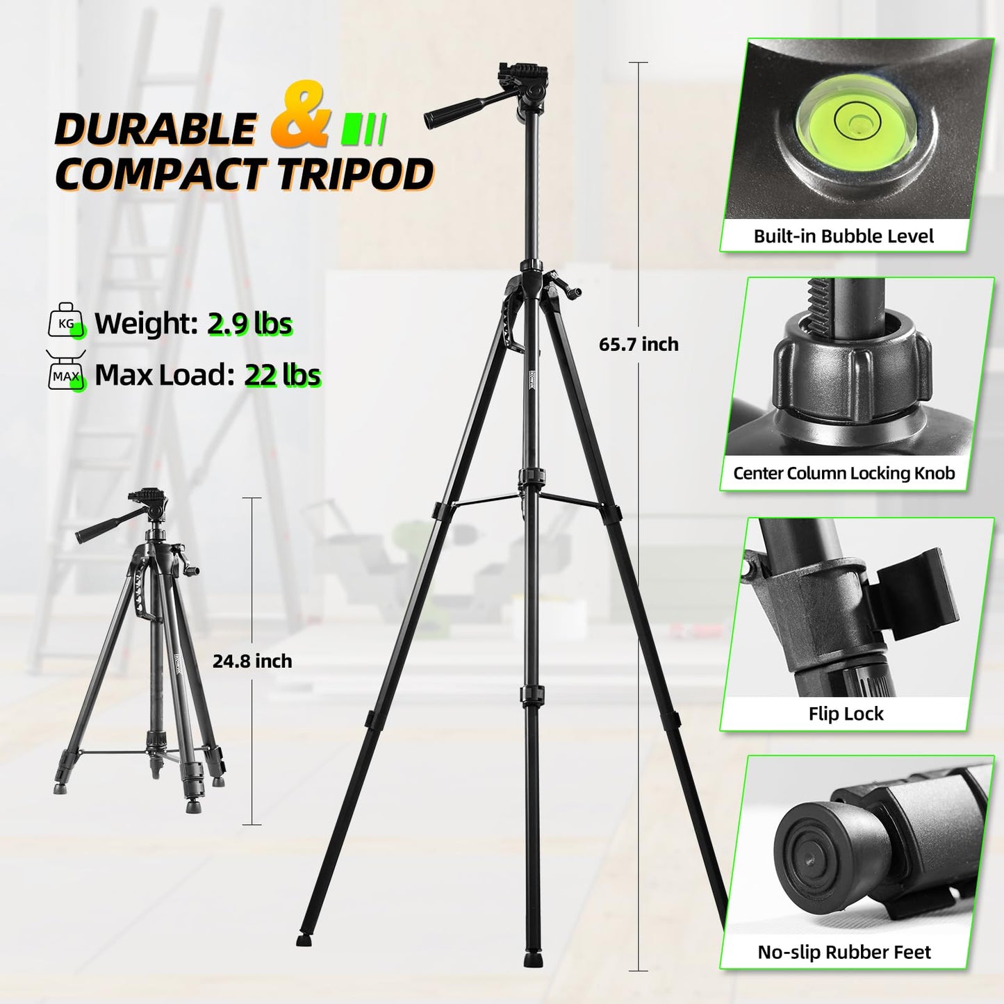 IKOVWUK Laser Level with Tripod, Laser Level 3x360° Self Leveling 12 Green Line, Rechargeable Battery 2 x 3000 mAh & Type-C Charging Port, Compact Adjustable 1.6M Tripod & Carry Pouch Included - Medaid International