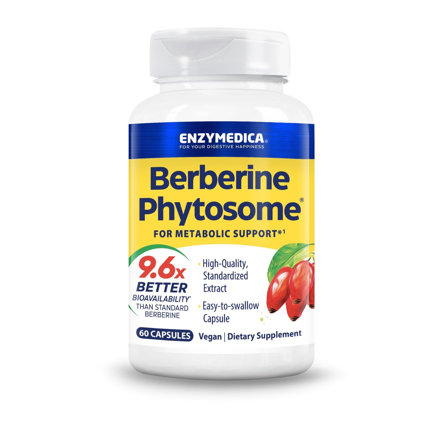 Enzymedica, Berberine Phytosome, 9.6X Better Bioavailability, High Potency Natural Vegan Dietary Supplement for Metabolic Support, 60 Capsules - Medaid International