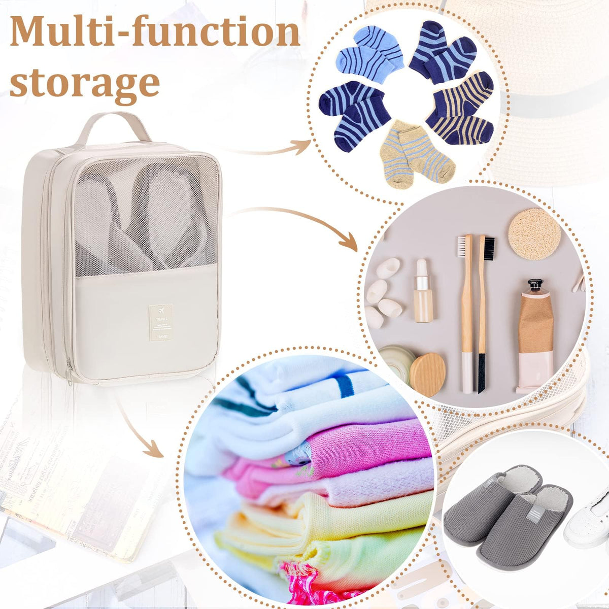 TERRIFI 3-Pack Waterproof Shoe Bags for Travel, Foldable Shoe Storage Pouch Organizer, Holds 3 Pairs of Shoes, Perfect for Daily Use, Beige