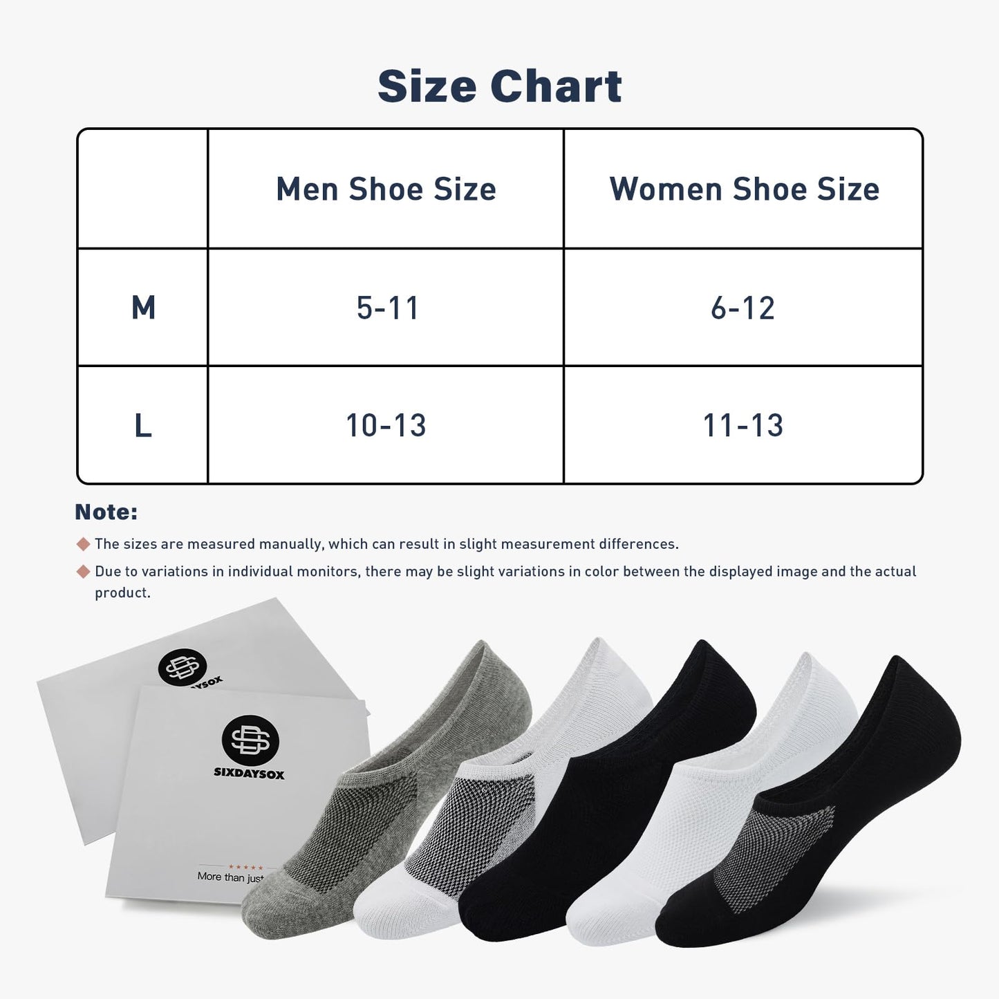 SIXDAYSOX 6 Pairs White No Show Socks Men 10-13 Low Cut Invisible Cotton Non Slip Socks for Loafers, Sneakers, Flats - Medaid International