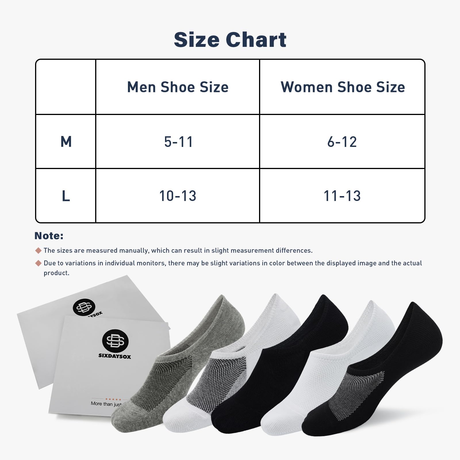 SIXDAYSOX 6 Pairs White No Show Socks Men 10-13 Low Cut Invisible Cotton Non Slip Socks for Loafers, Sneakers, Flats - Medaid International