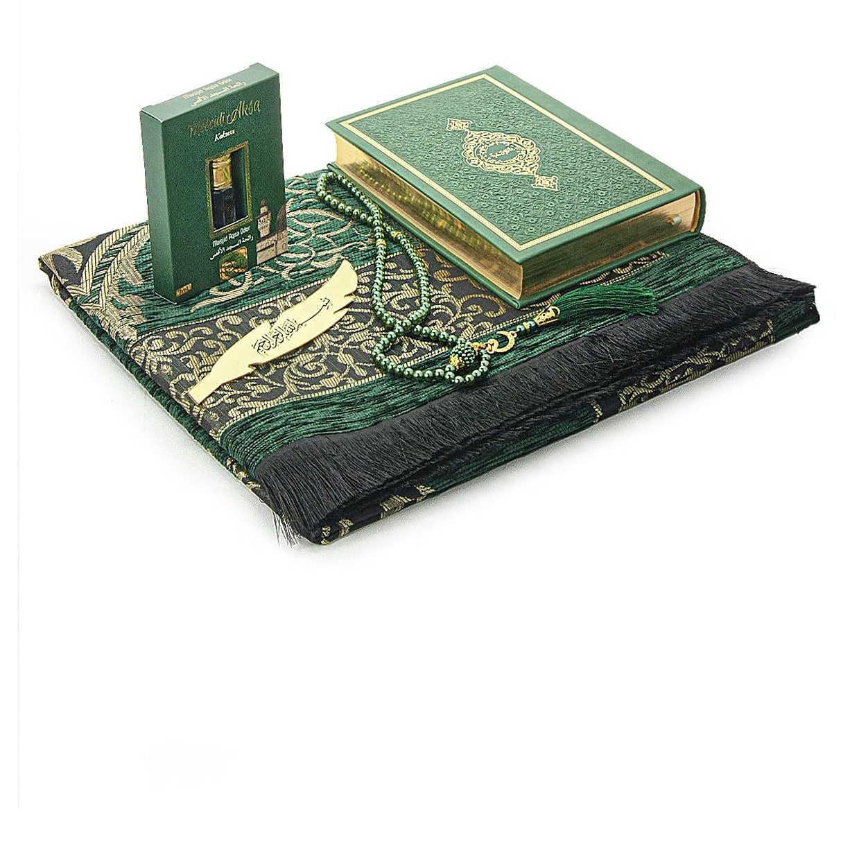 ihvan online Prayer Gift Set for Men & Women, Muslim Prayer Rug, Salah Mat, Beads Taasbih, Arabic Holy Quran, Islamic Gift Set for Ramadan & Eid, Green - Medaid International