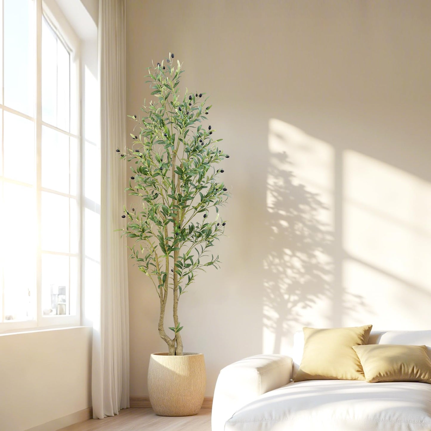 HZXGCP Olive Tree 6ft, Artificial Olive Tree with White Pot, Fake Tree with 1296 Dense Leaves & 72 High-Simulated Olive Fruits - Easy Assembly, Low Maintenance (Olive Tree 6ft) - Medaid International