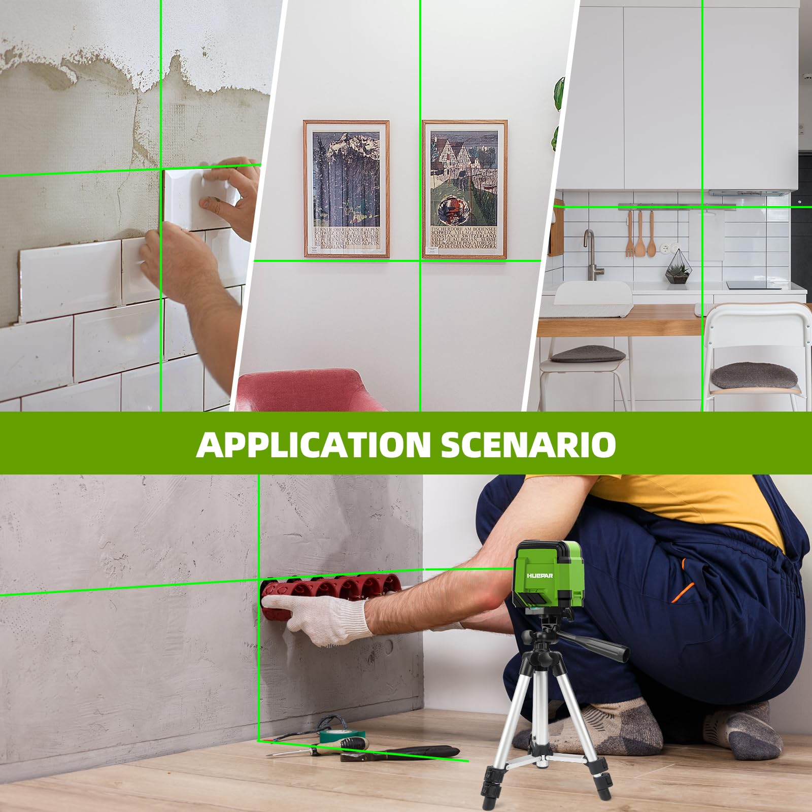 Laser Level with Tripod, HUEPAR 98Ft Self Leveling Laser Level Green Line Laser Cross Line Laser Leveler Tool for Picture Hanging, Tile, Home Renovation, Indoor Project, Battery&Carrying Bag Included - Medaid International