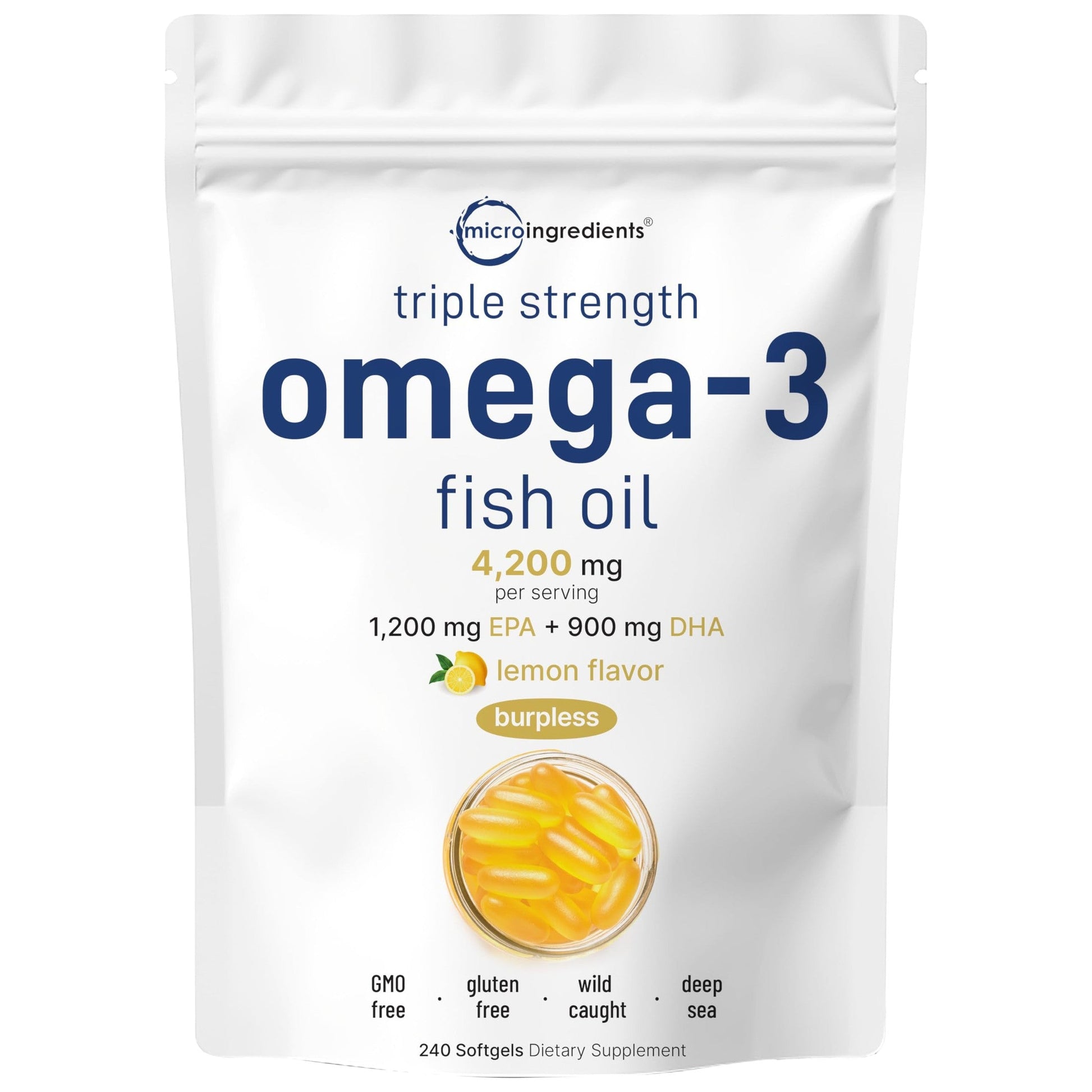 Micro Ingredients Triple Strength Omega 3 Fish Oil Supplements 4200mg Per Serving, 240 Softgels – Lemon Flavored – Burpless | EPA 1200mg + DHA 900mg | Deep Sea Fish - Medaid International