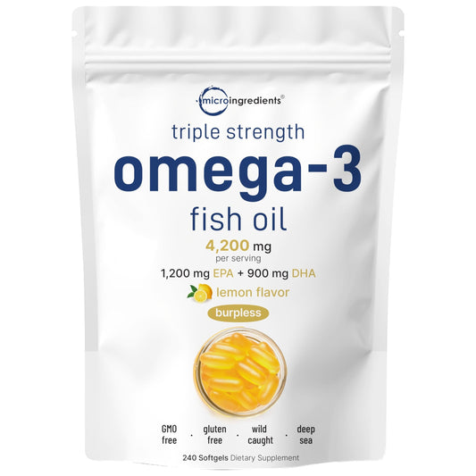 Micro Ingredients Triple Strength Omega 3 Fish Oil Supplements 4200mg Per Serving, 240 Softgels – Lemon Flavored – Burpless | EPA 1200mg + DHA 900mg | Deep Sea Fish - Medaid International