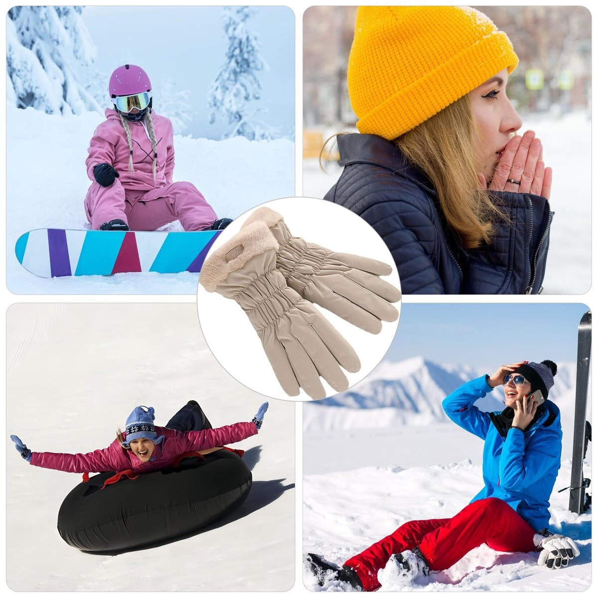 KASTWAVE Waterproof Thermal Gloves for Women, Touchscreen Winter Fleece Insulated Gloves, Windproof Ski Gloves for Outdoor Activities, Walking, Running, Cycling (Beige)