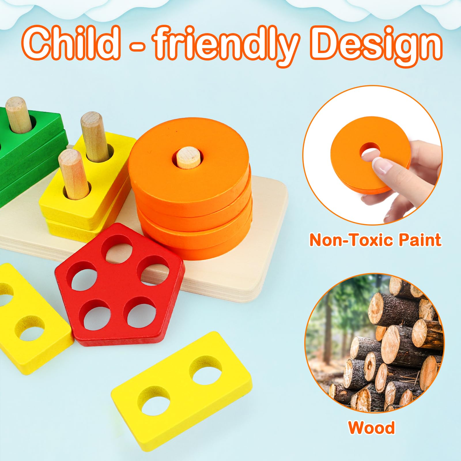 PEBIRA Montessori Toys for 1 to 3-Year-Old Boys Girls Toddlers, Wooden Sorting & Stacking Toys for Toddlers and Kids Preschool, Educational Color Recognition Shape Sorter, Learning Puzzles Gift - Medaid International