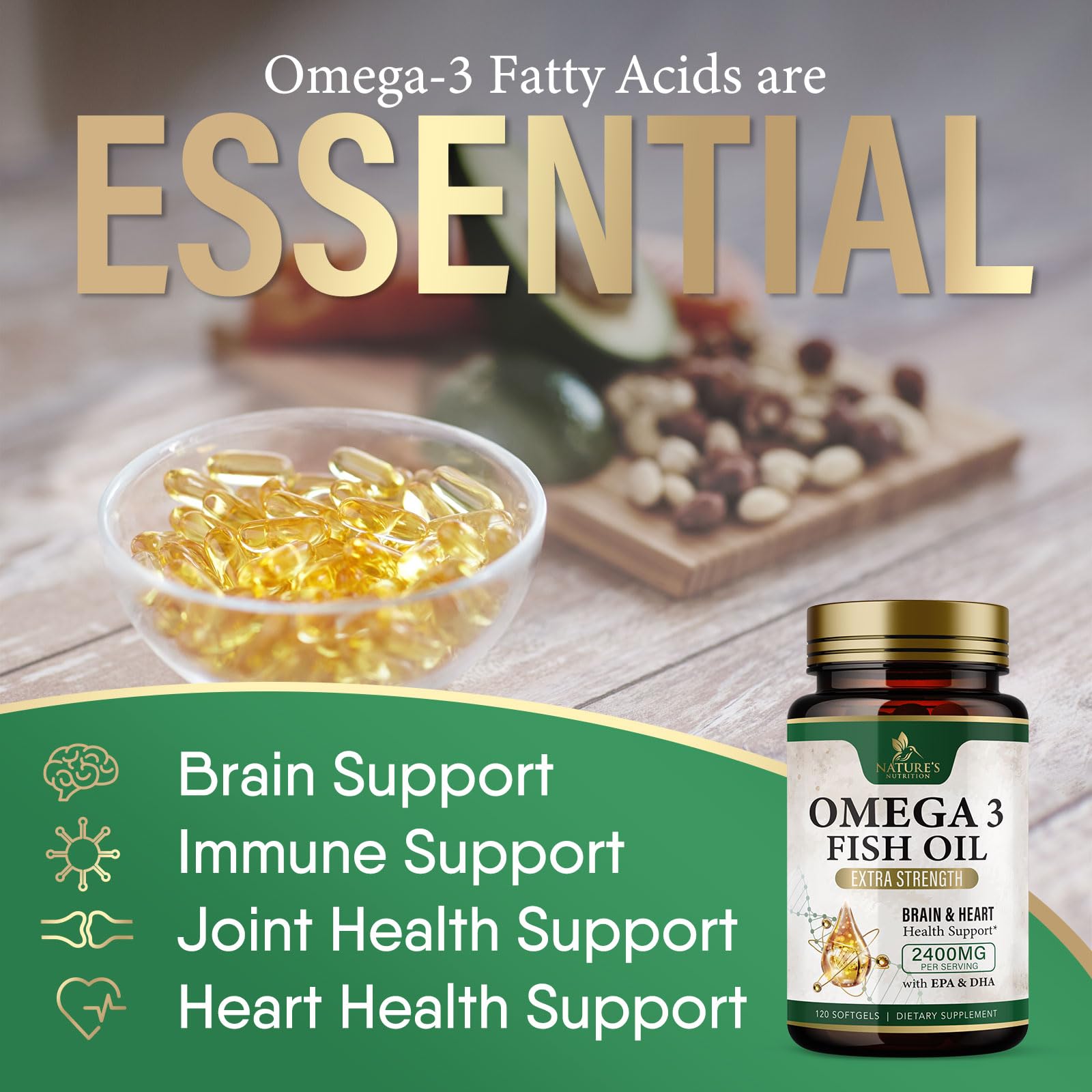 Omega 3 Fish Oil Supplements 2400 mg - Triple Strength Omega3 - EPA & DHA with Essential Fatty Acids - Natural Immune, Brain & Heart Health Support - Burpless, Lemon Flavor, Wild Caught - 120 Softgels - Medaid International