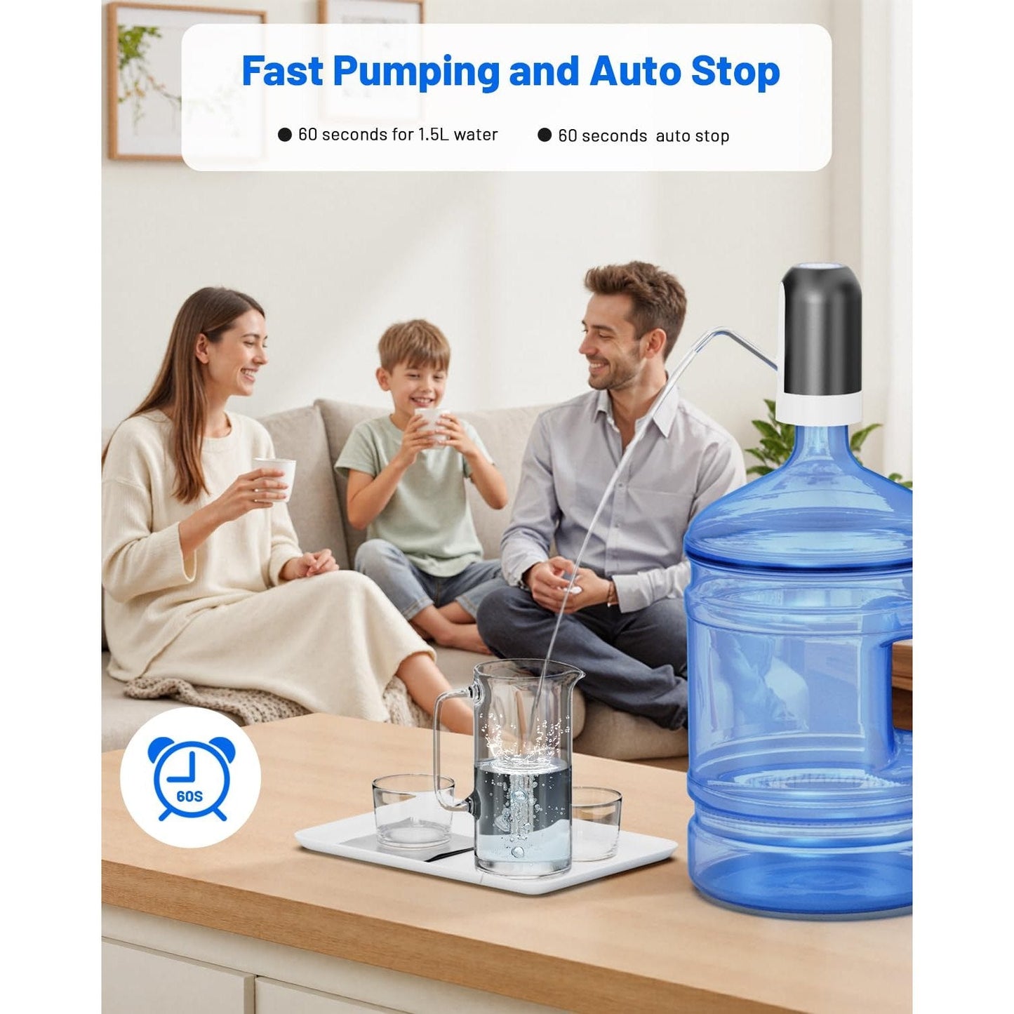 Myvision Water Dispenser for 5 Gallon Bottle, Portable USB Charging Electric Water Pump, Drinking Water Jug Pump for Home, Kitchen, Living Room, Office, Camping, Universal for 3-5 Gallon (Black) - Medaid International