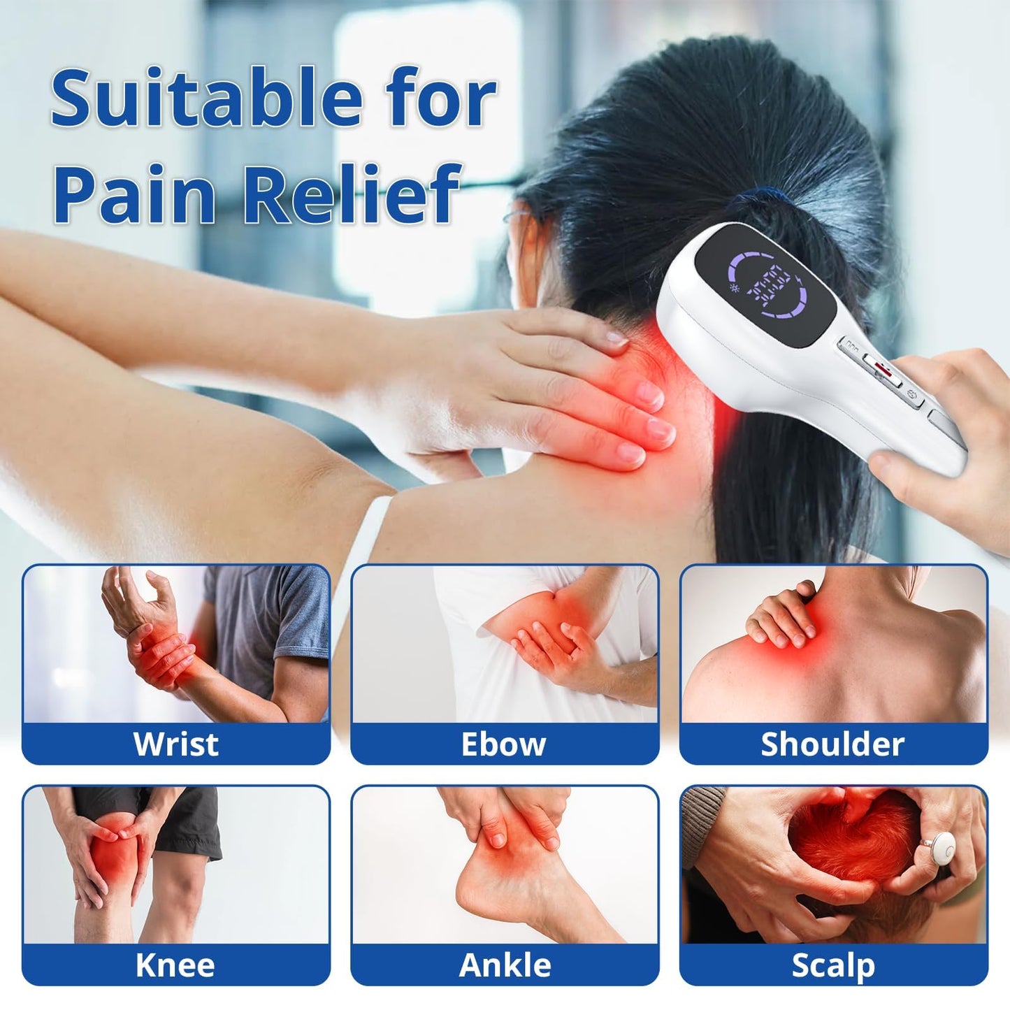 Zelvory Cold Laser Therapy Device for Humans & Dogs, 4x808nm + 14x650nm Red Light Therapy for Body Pain Relief, Handheld lllt Near Infrared Light Wand with Stand for Joint, Back, Knee, Muscle Use - Medaid International