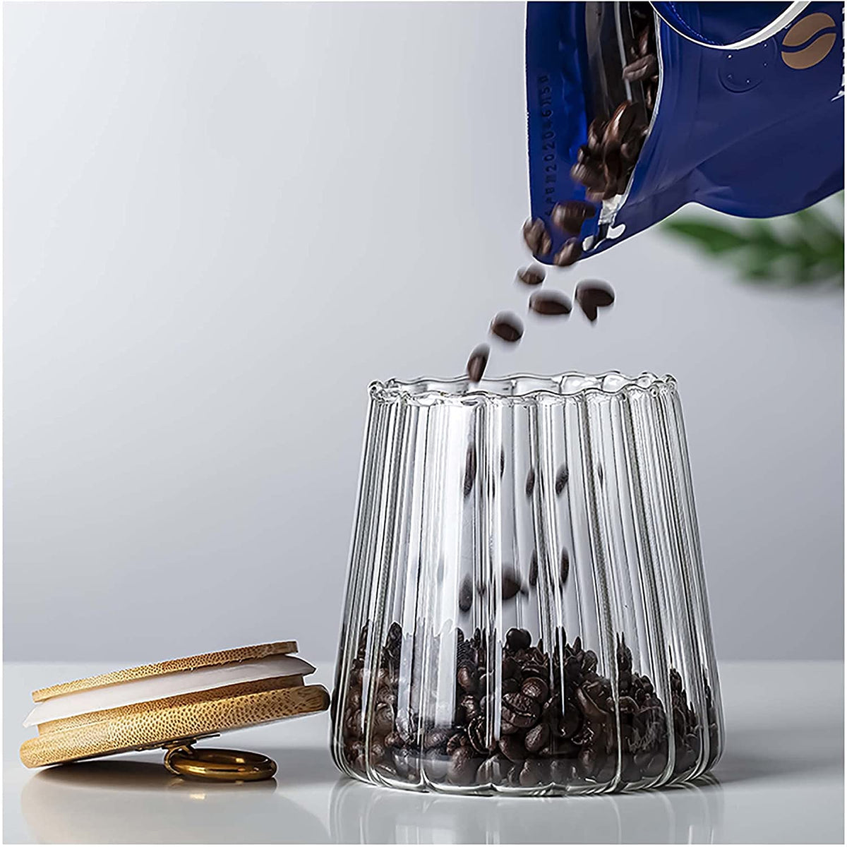 KASTWAVE Glass Coffee Nuts Canister Airtight Storage Jar Petal Decorative Container with Bamboo Lid Metal Handle Easy to Grasp 700ml (23oz)