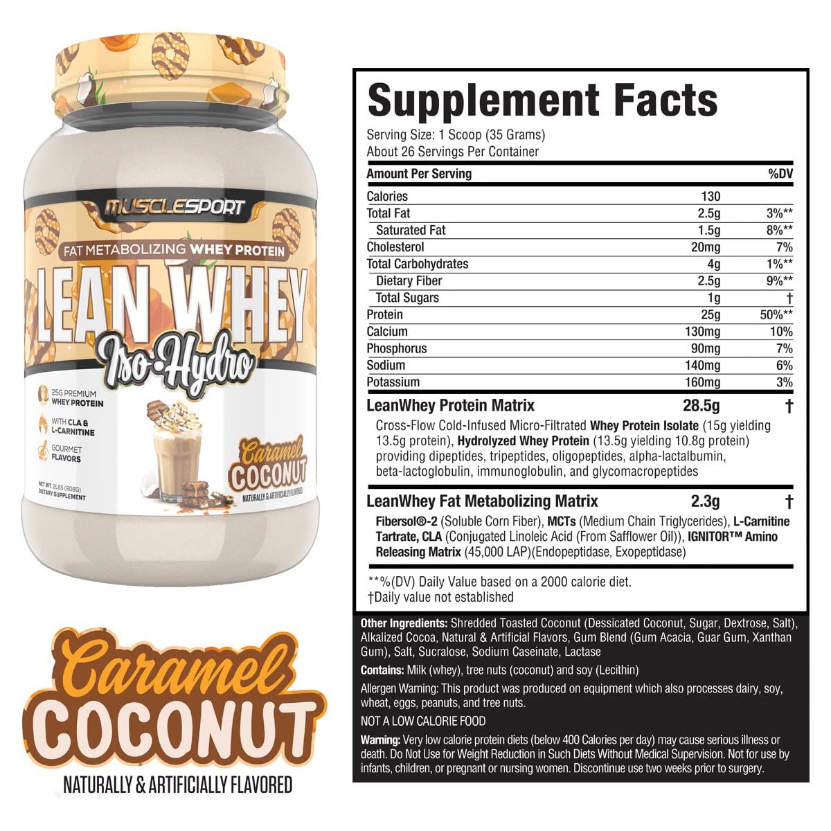 Musclesport Lean Whey Revolution™ Protein Powder - Whey Protein Isolate - Low Calorie, Low Carb, Low Fat, Incredible Flavors - 25g Protein per Scoop (2LB, Coconut Caramel) - Medaid International