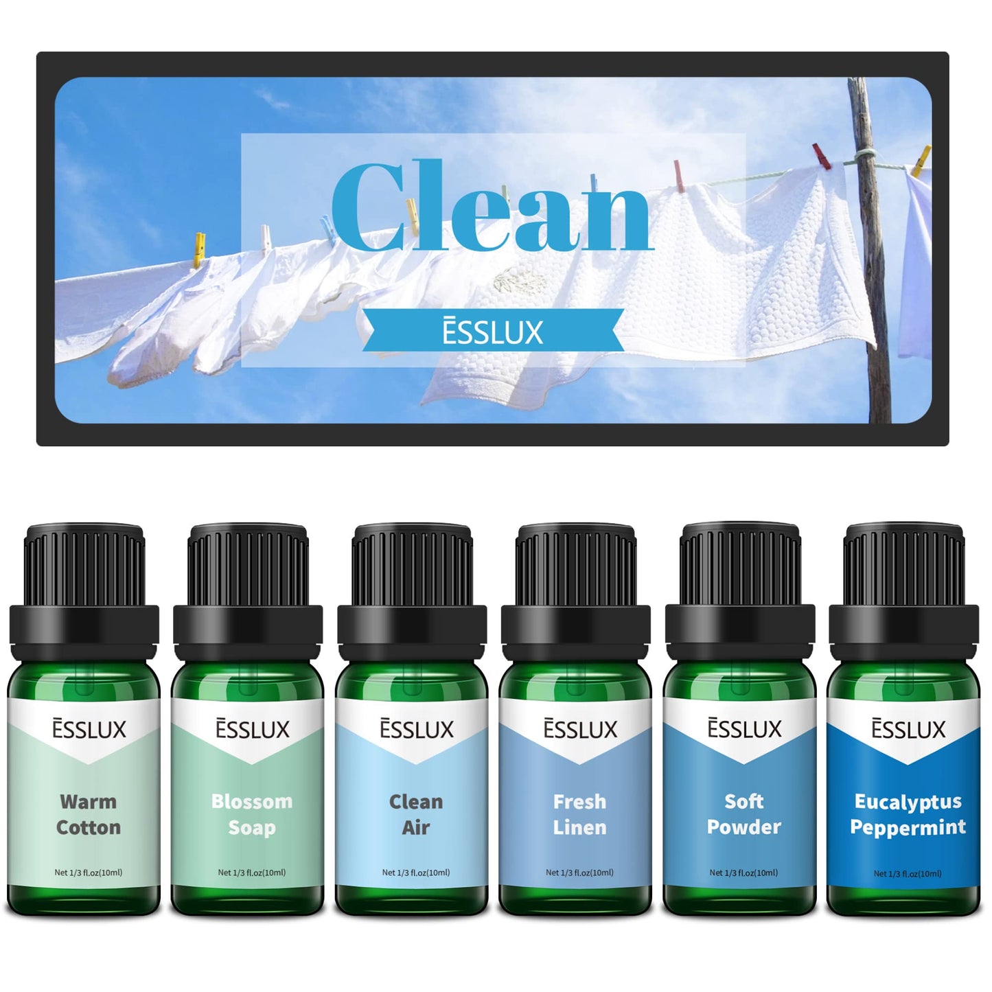 Clean Fragrance Oil, ESSLUX Essential Scented Oils for Diffuser for Home, Premium Soap Candle Making Scents, Aromatherapy Oils Collection for Laundry, Humidifiers, Fresh Scents for Spring Summer - Medaid International