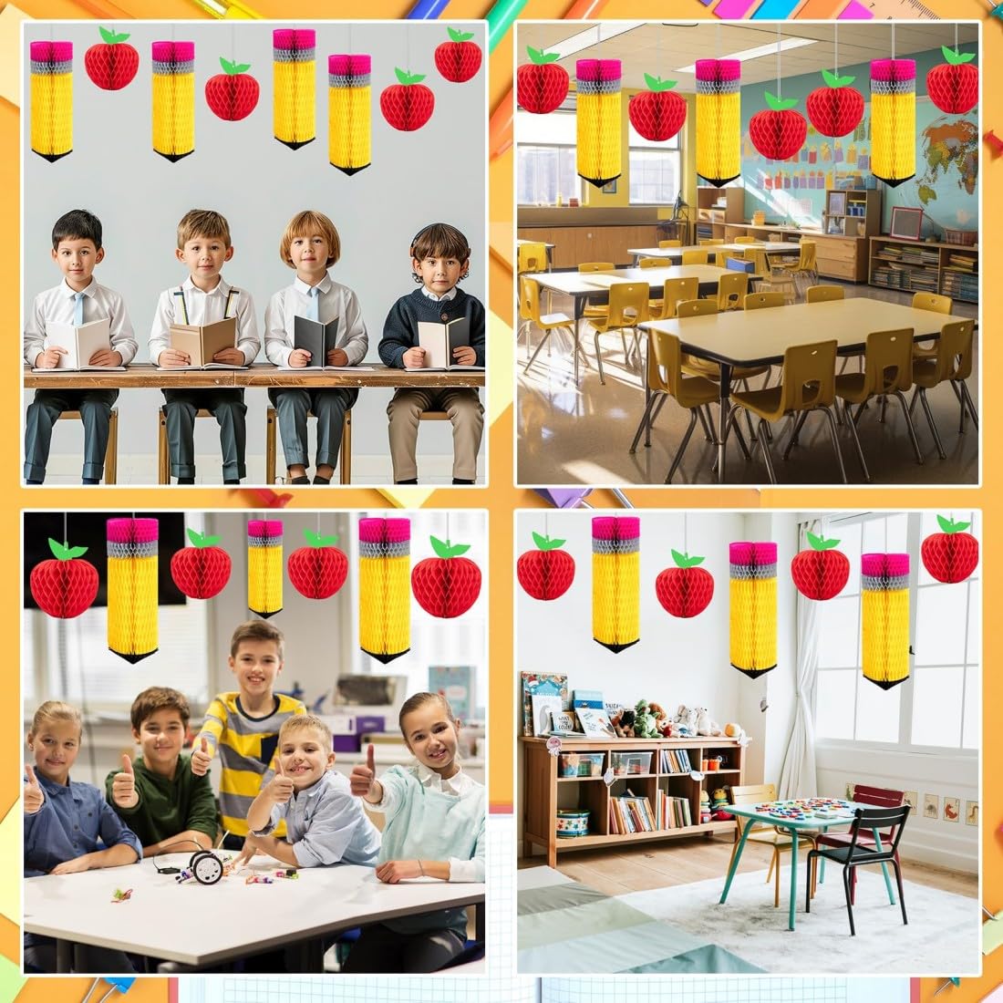 TERRIFI 16Pcs Back to School Classroom Decorations – Pencil & Apple Shaped Hanging Honeycomb Ornaments for Teacher Appreciation Week, First Day of School, Nursery, Primary